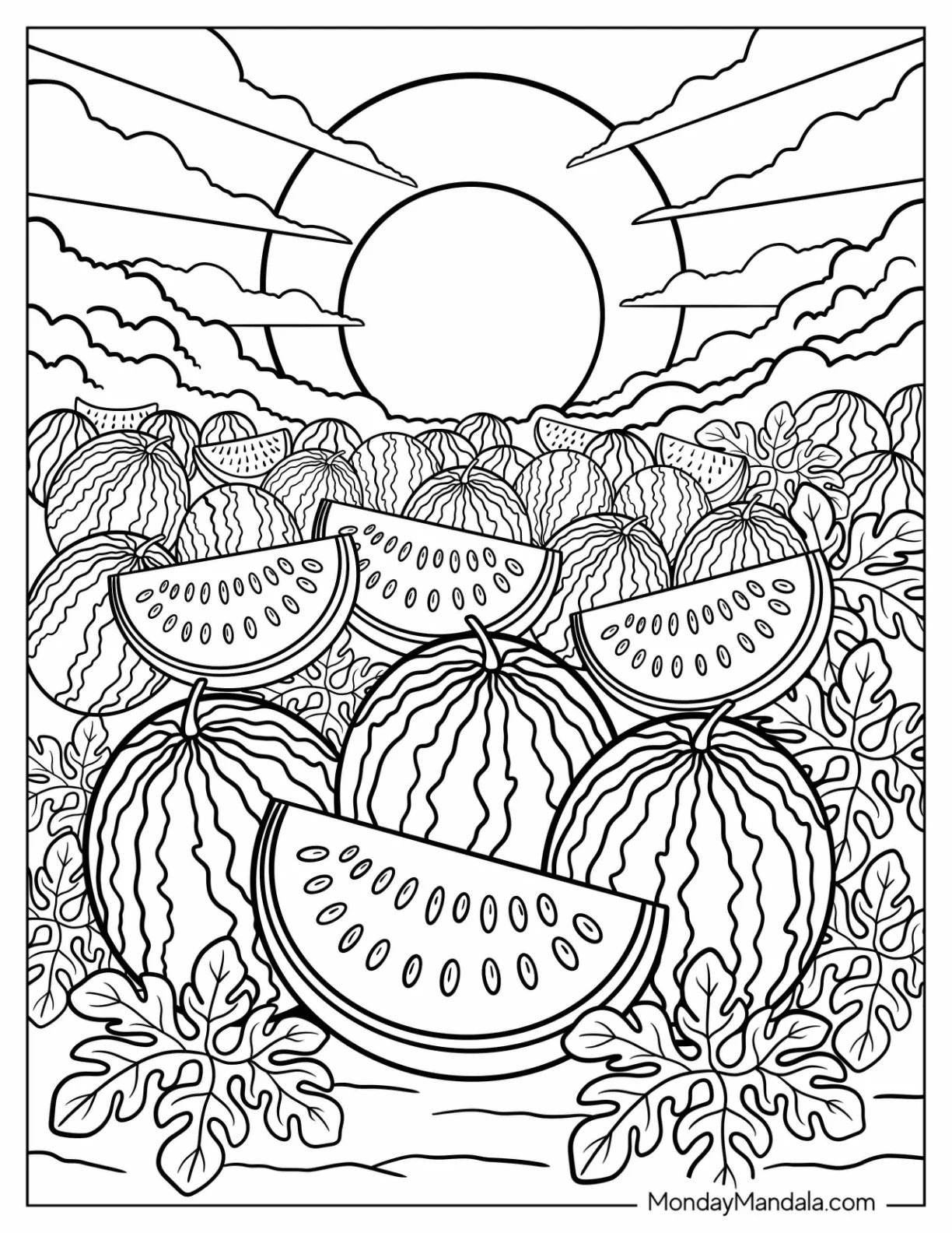 Sunrise Over a Field of Ripe Watermelon Coloring Page coloring page