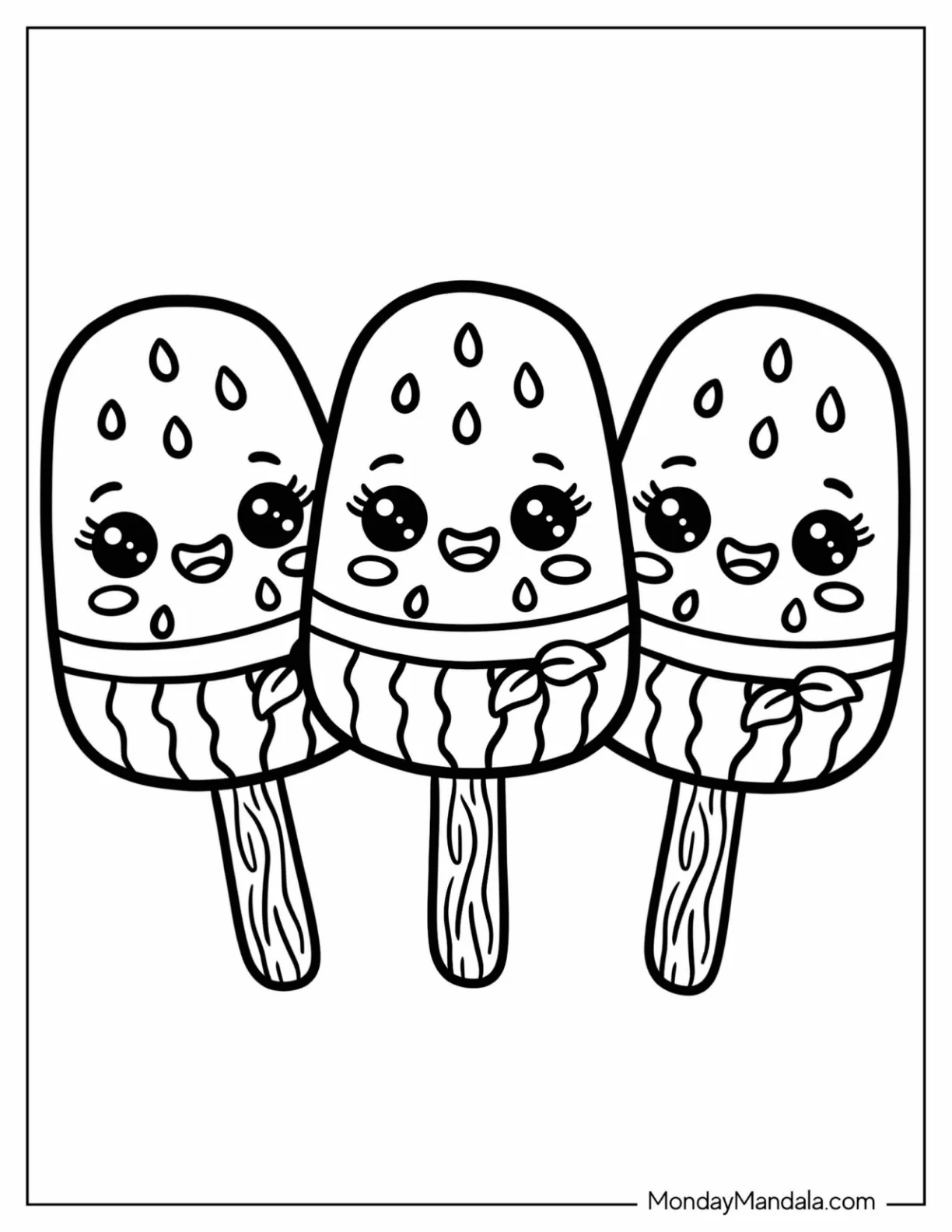 Three Watermelon Popsicles with Bow Decorations Coloring Page for Kids coloring page