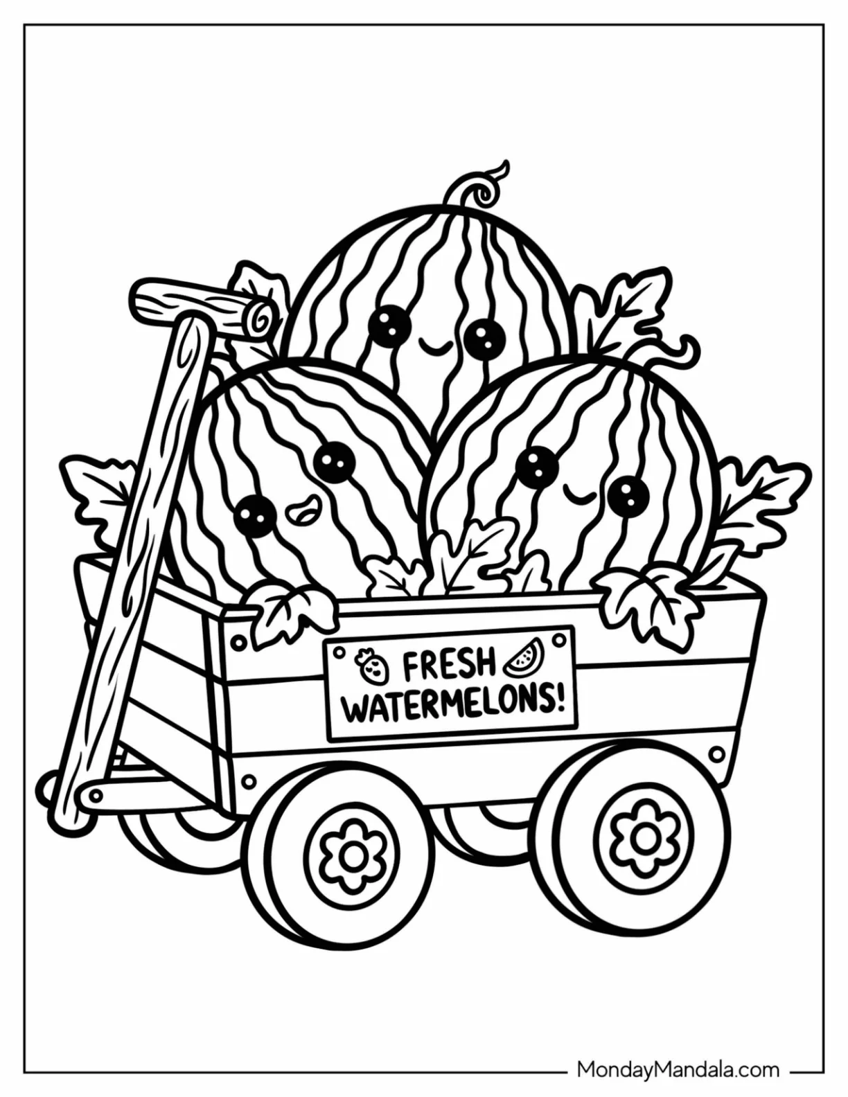 Three Watermelons Riding in a Fresh Fruit Wagon Coloring Page for Kids coloring page