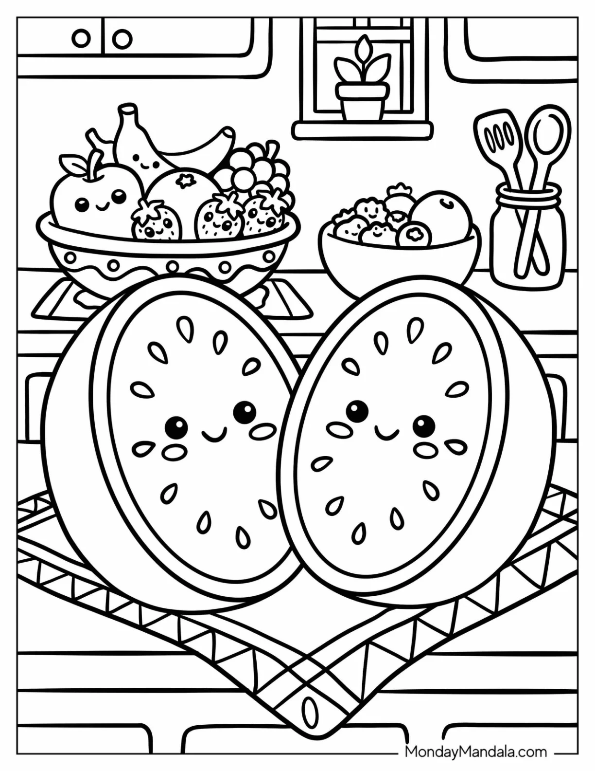 Two Watermelon Halves on a Kitchen Counter Coloring Page for Kids coloring page — printable line art