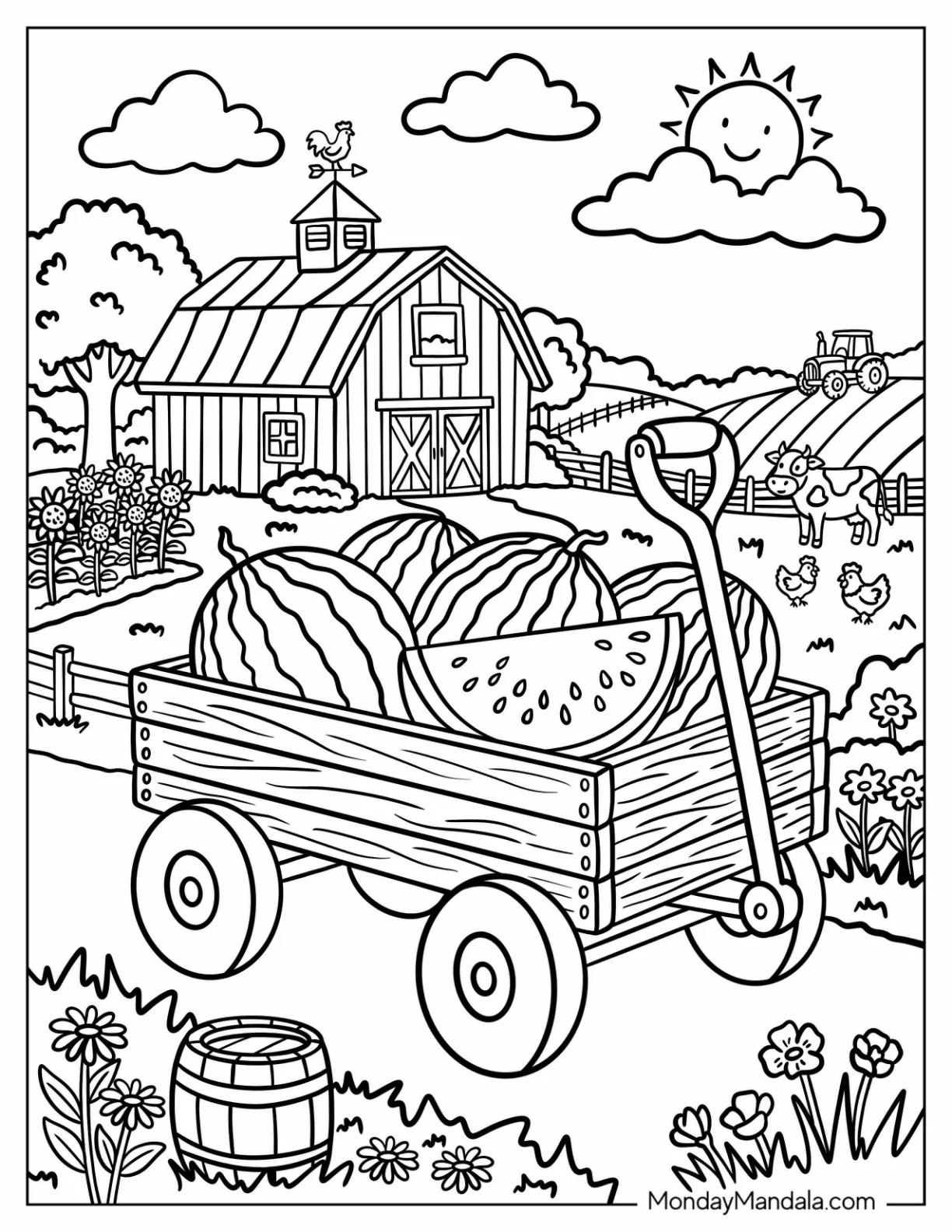 Wagon Filled with Fresh Watermelons on a Farm Coloring Page coloring page