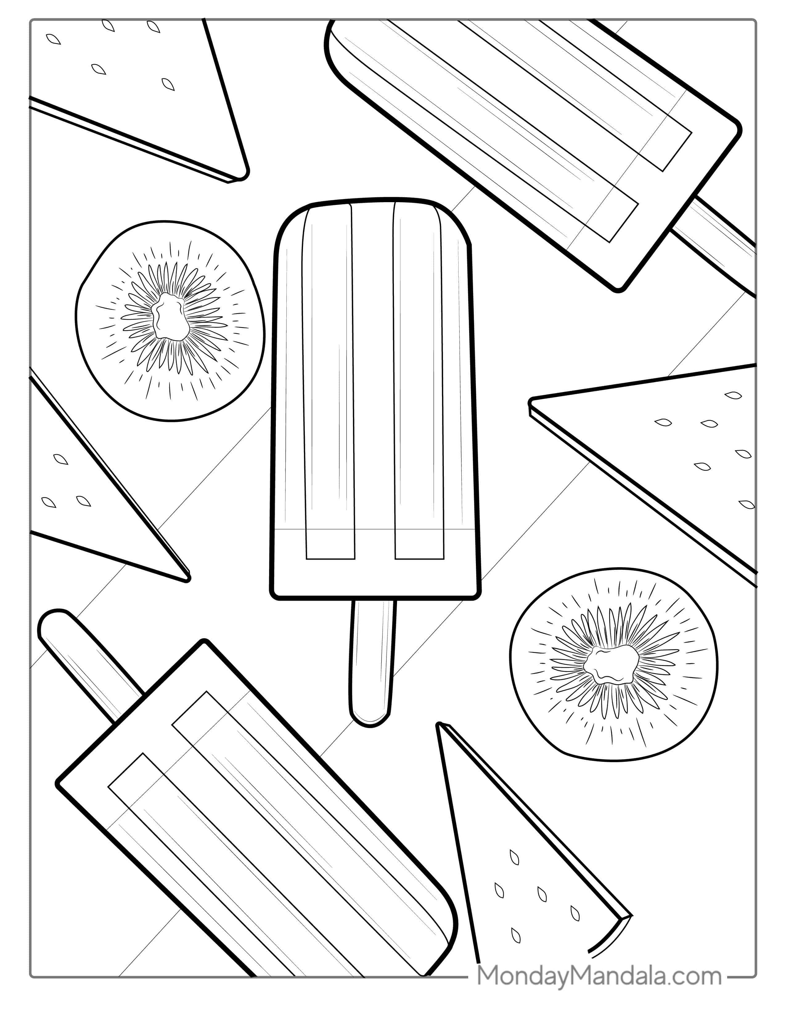 Watermelon And Kiwi Fruit Ice Pole Coloring Page coloring page — printable line art