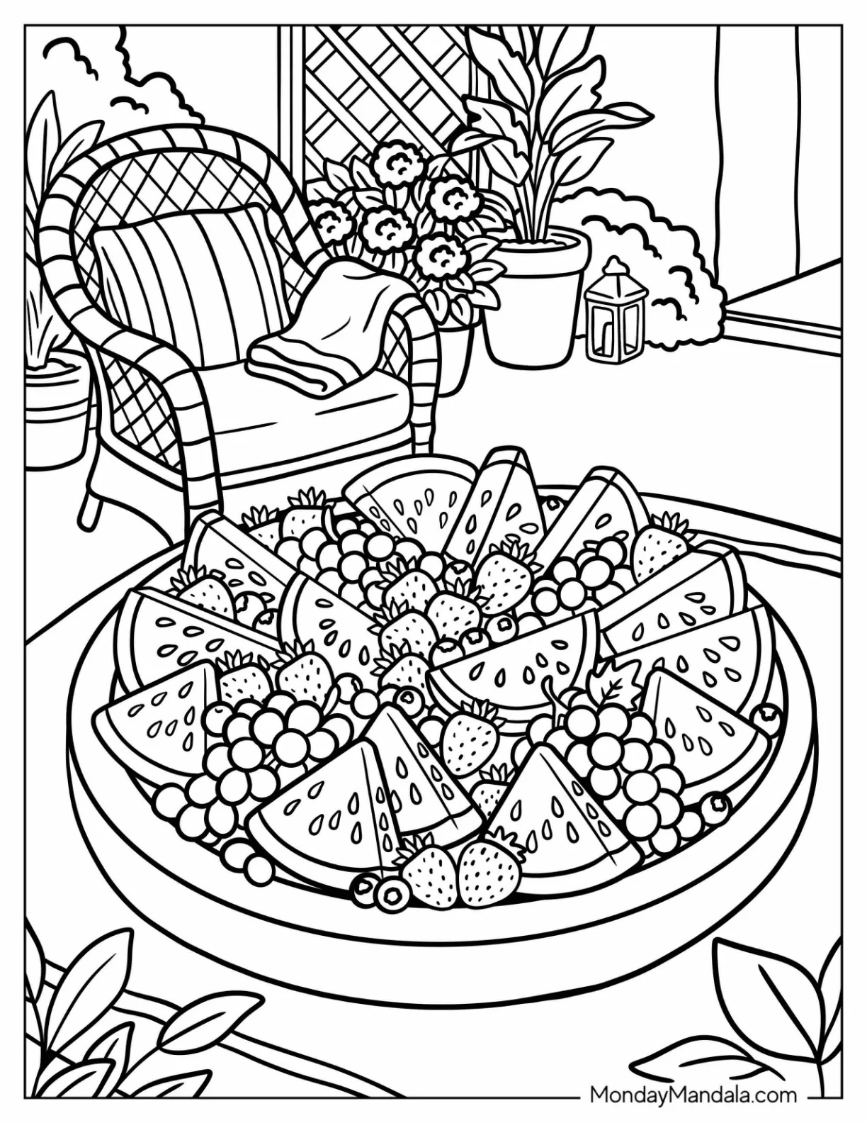 Watermelon and Mixed Fruit Platter on a Patio Table coloring page