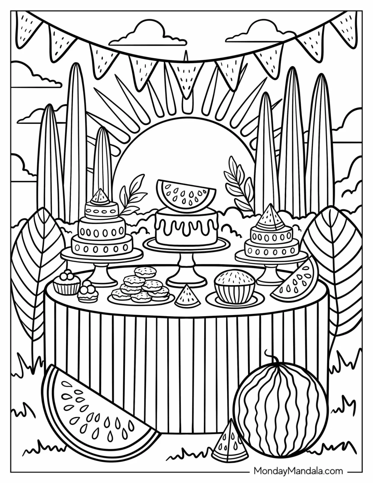 Watermelon Coloring Page Outdoor Garden Party with Layered Cakes, Cupcakes, and Juicy Watermelon coloring page — printable line art