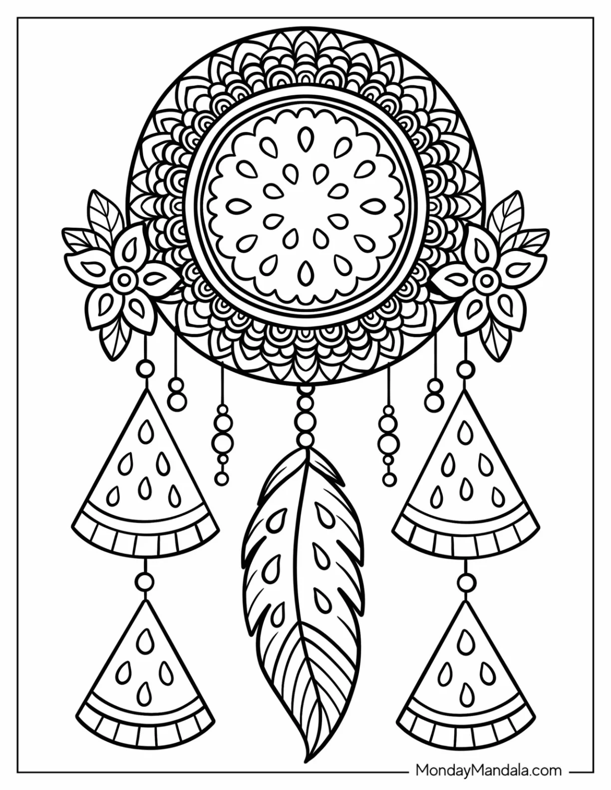 Watermelon Coloring Page Slice Dreamcatcher with Feathers and Flowers coloring page — printable line art