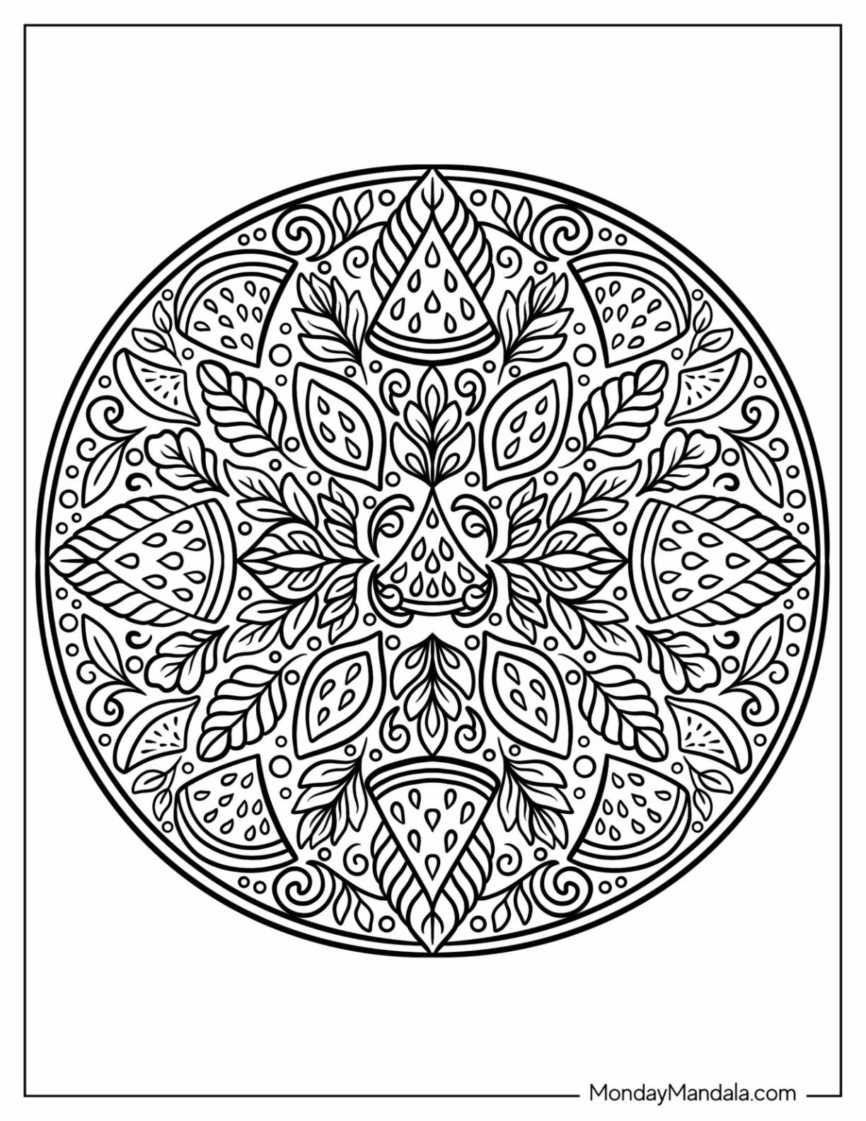 Watermelon Coloring Page Slice Mandala with Floral and Leaf Patterns coloring page