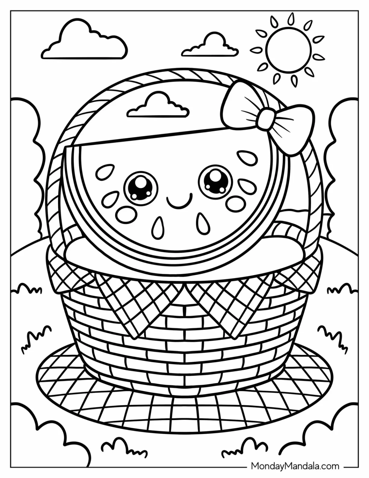 Watermelon Coloring Page Slice with Bow Tucked in a Picnic Basket for Preschoolers coloring page — printable line art