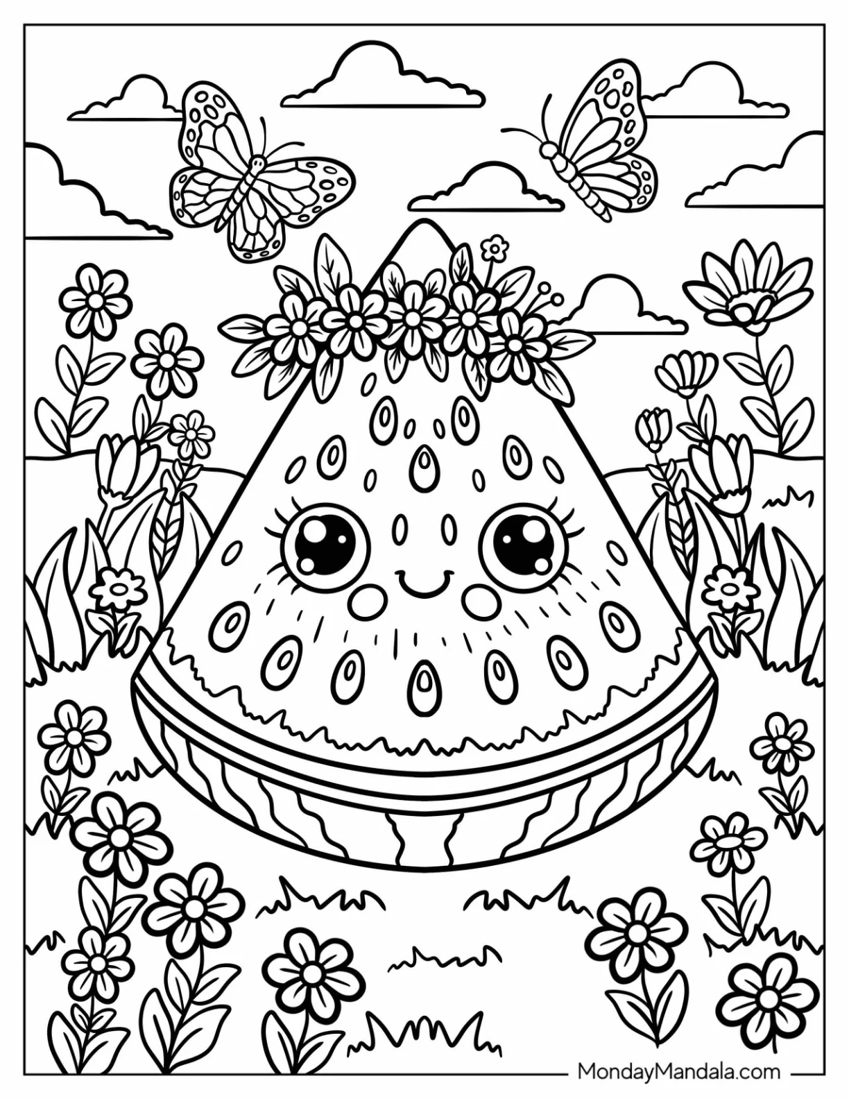 Watermelon Coloring Page Slice with Flower Crown in a Butterfly Meadow coloring page
