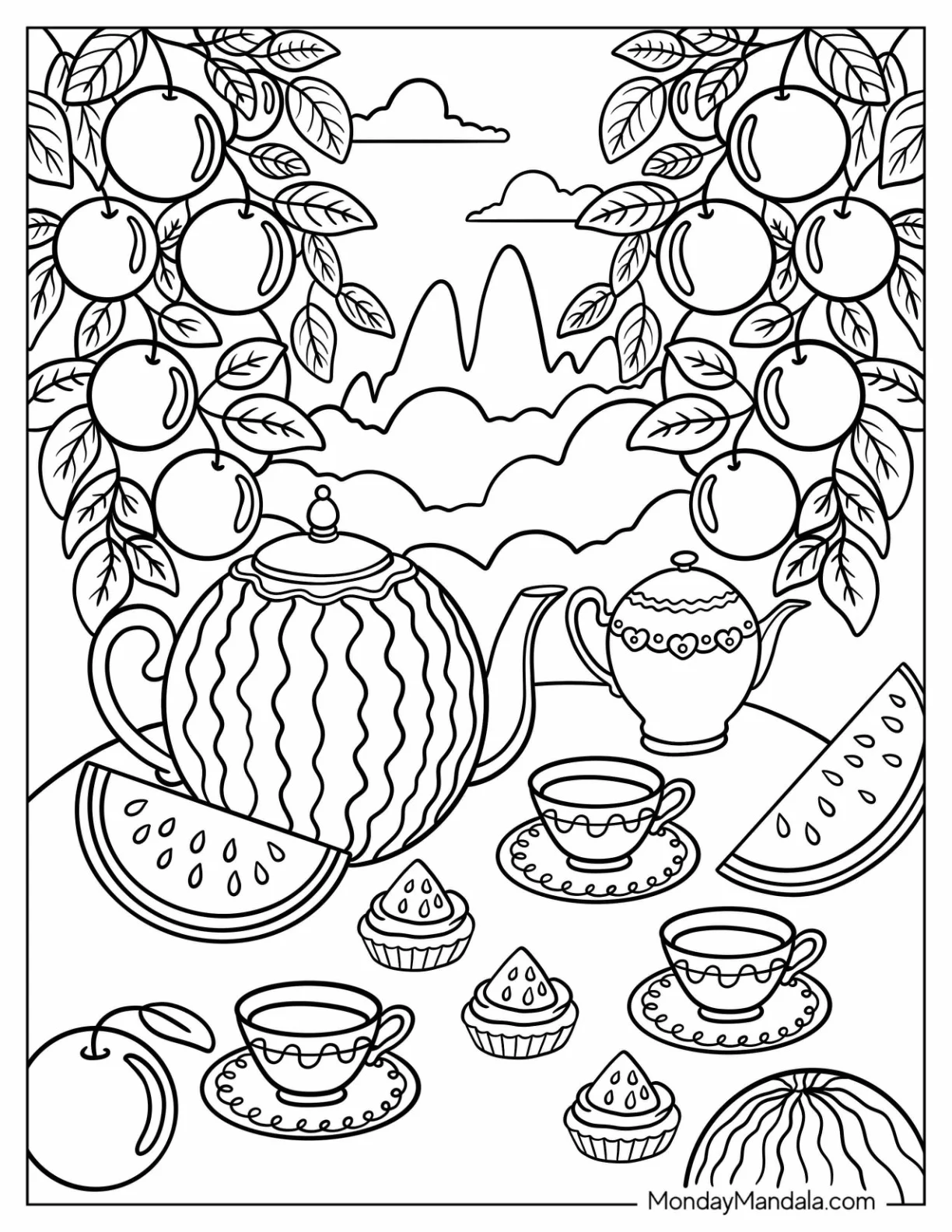 Watermelon Coloring Page Tea Party Under the Orchard Canopy coloring page