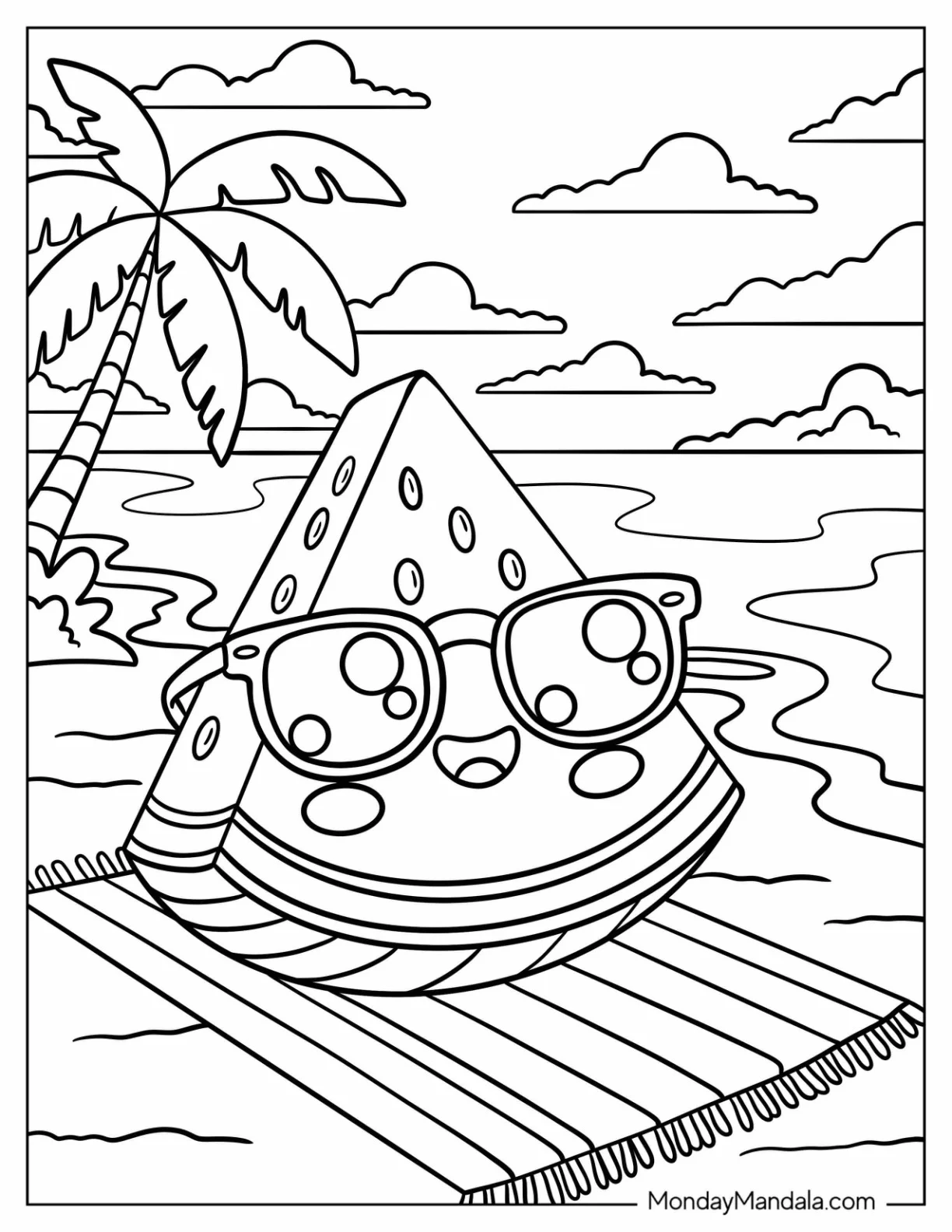 Watermelon Coloring Page Wearing Sunglasses Under a Palm Tree by the Sea coloring page