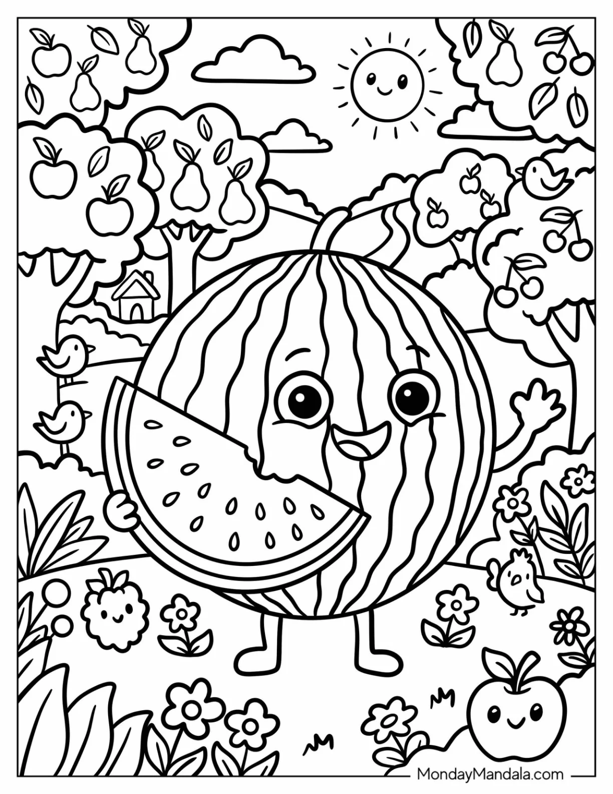 Watermelon Holding a Slice in a Sunny Fruit Orchard Coloring Sheet coloring page