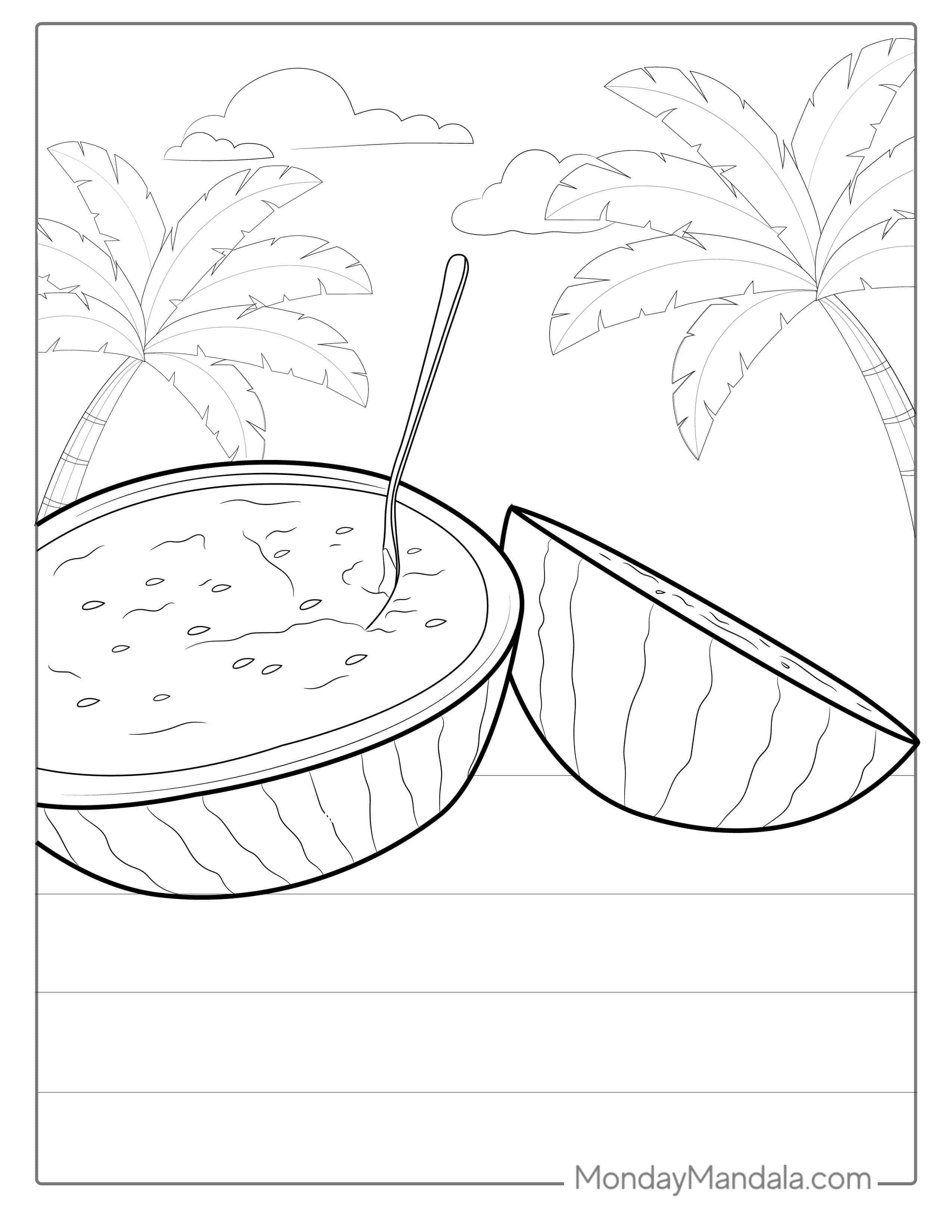Watermelon On Beach With Palms Coloring coloring page — printable line art