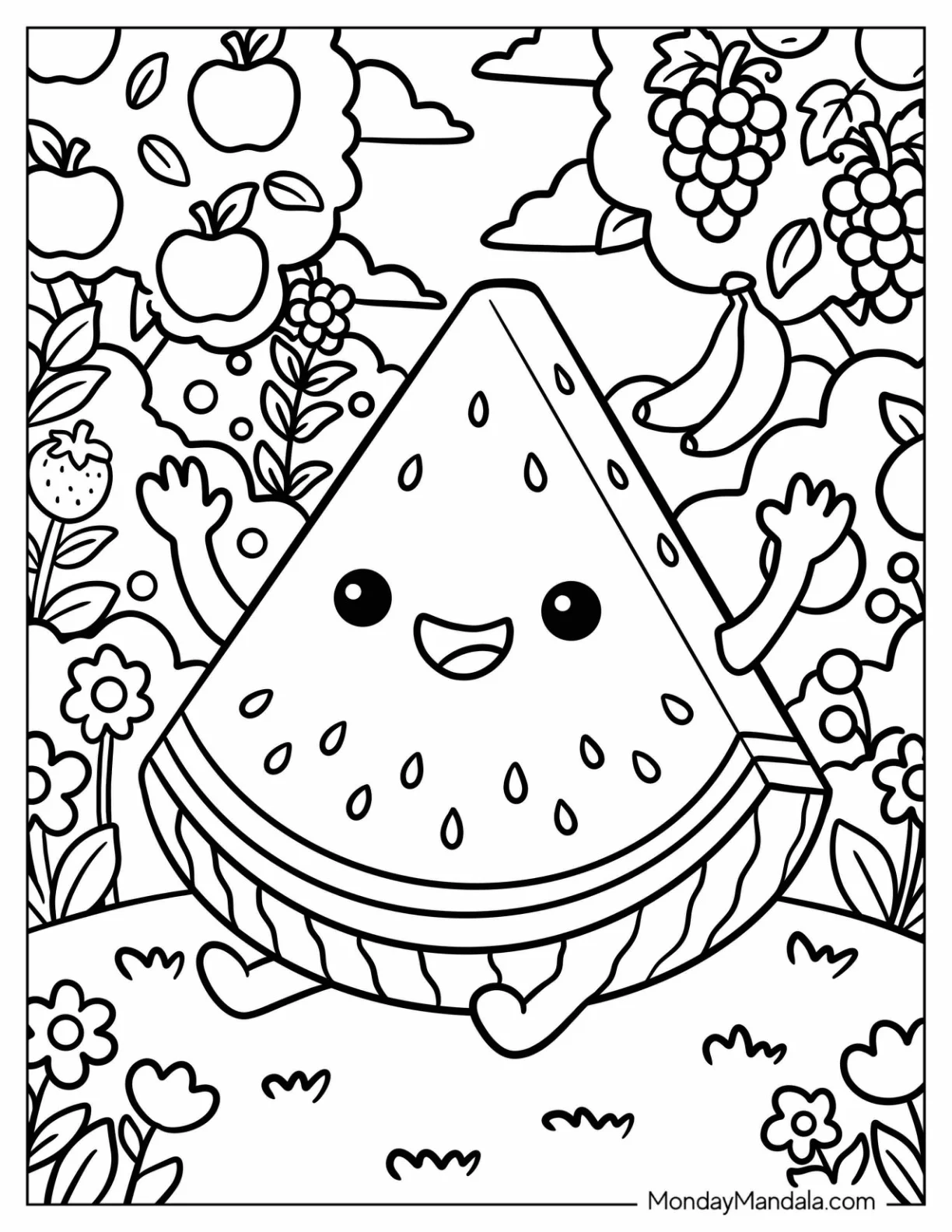 Watermelon Slice Sitting in a Fruit Filled Garden Coloring Page for Kids coloring page