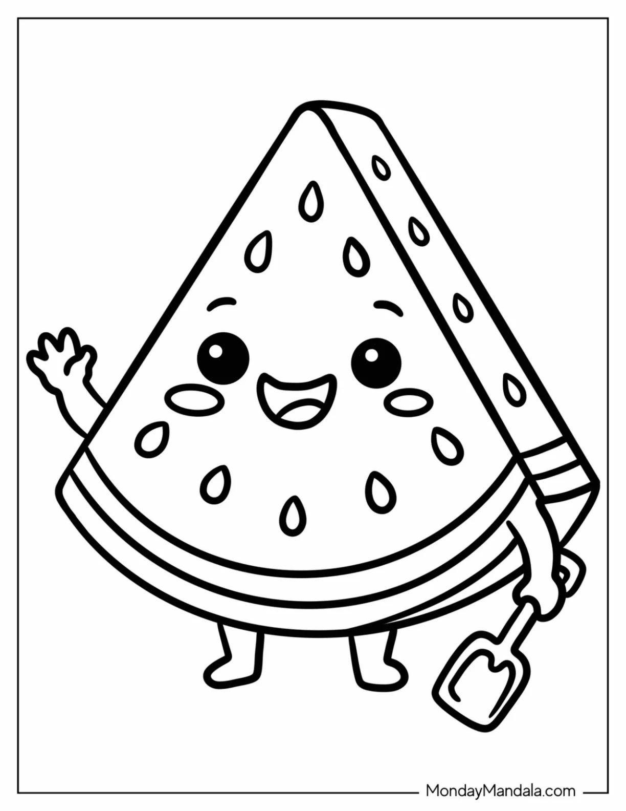 Watermelon Slice Waving and Holding a Garden Shovel Coloring Page for Preschoolers coloring page