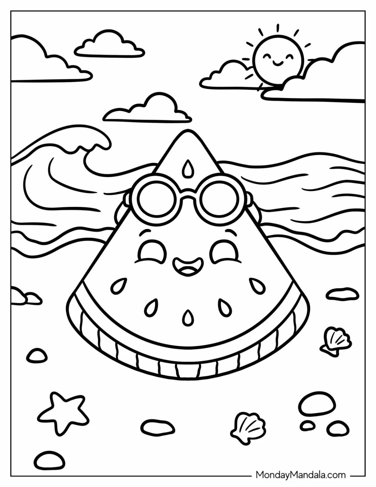 Watermelon Slice Wearing Sunglasses at the Beach Coloring Page for Preschoolers coloring page