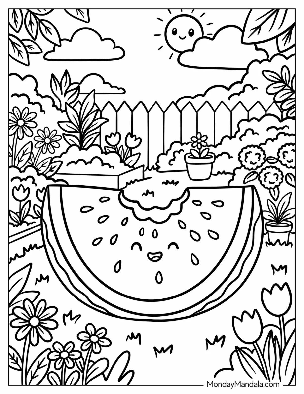 Watermelon Slice with a Bite Missing in a Flower Garden Coloring Page coloring page