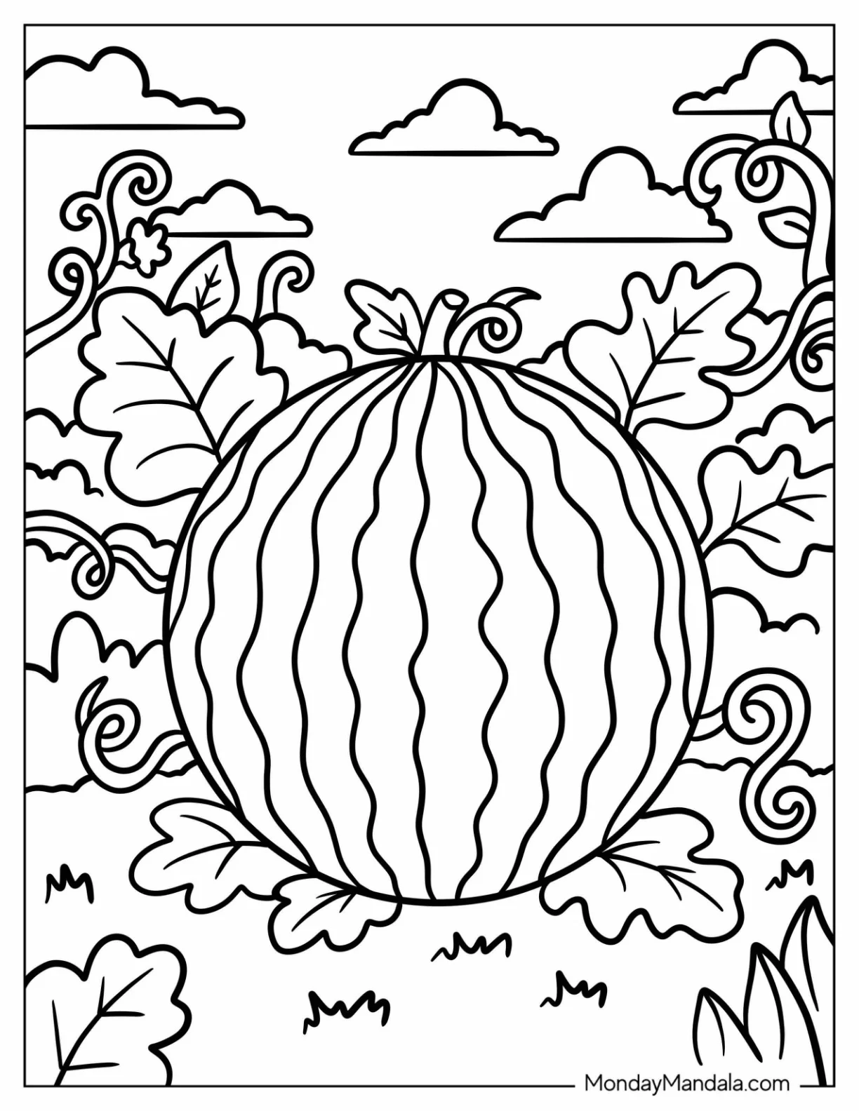 Whole Watermelon Growing Among Vines and Leaves Coloring Page coloring page