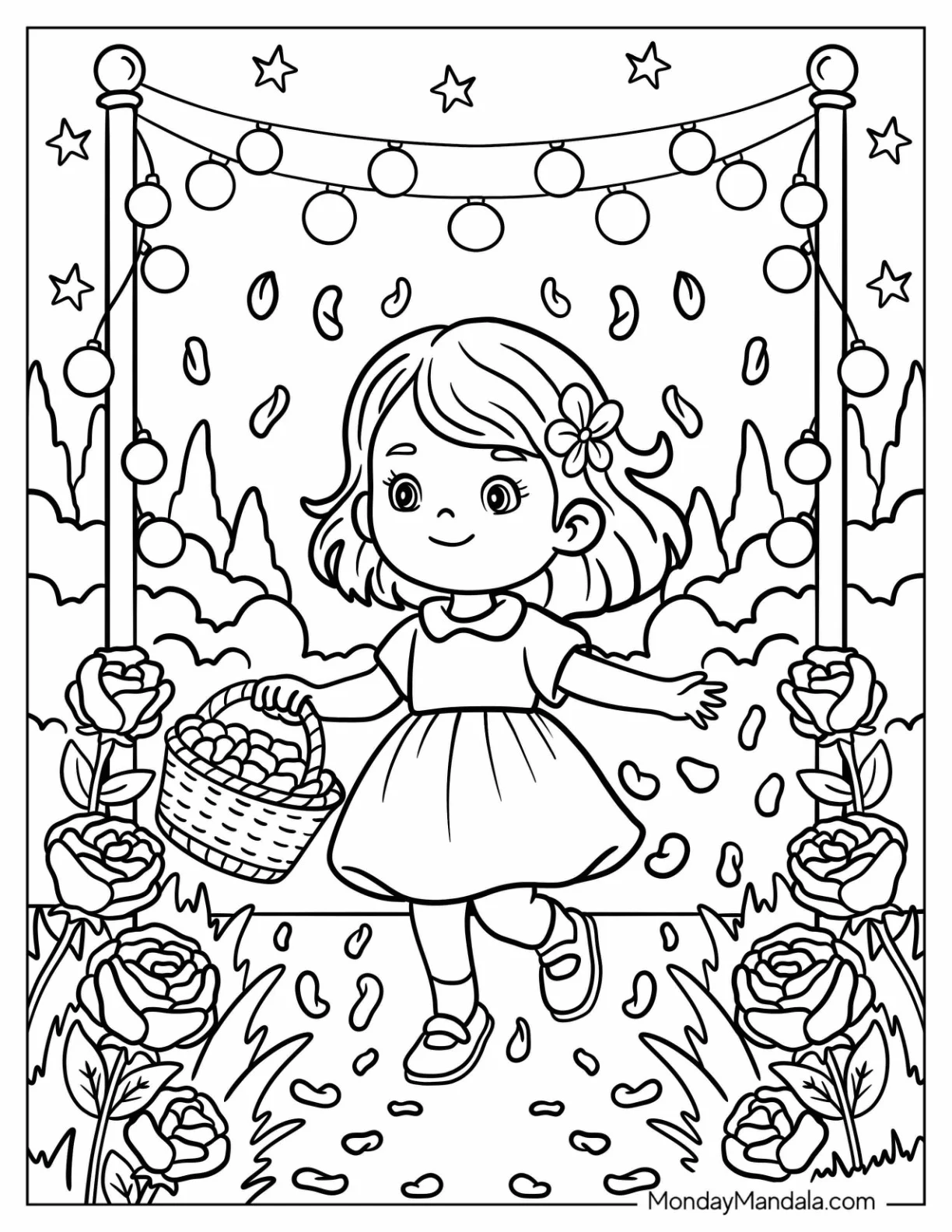 Adorable Flower Girl Tossing Petals at Wedding Coloring Page For Kids coloring page