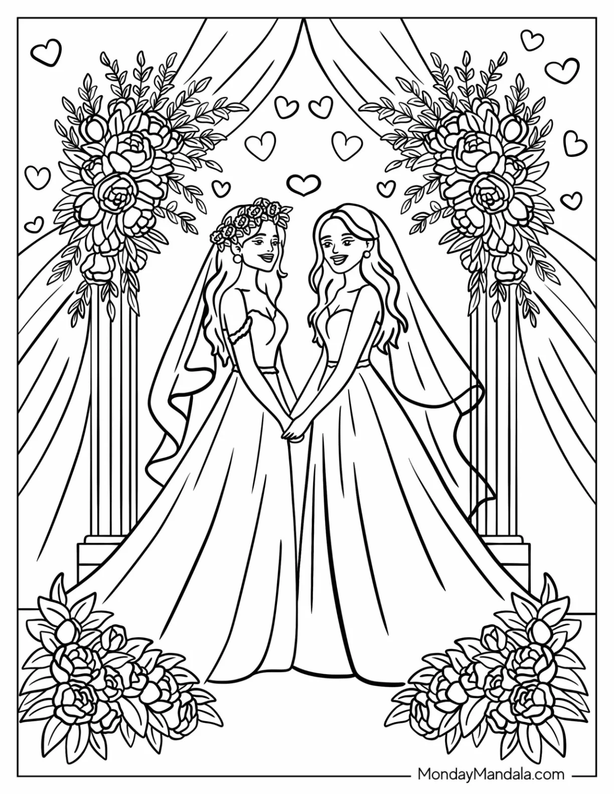 Beautiful Couple Surrounded by Flowers and Love Hearts on Wedding Day coloring page
