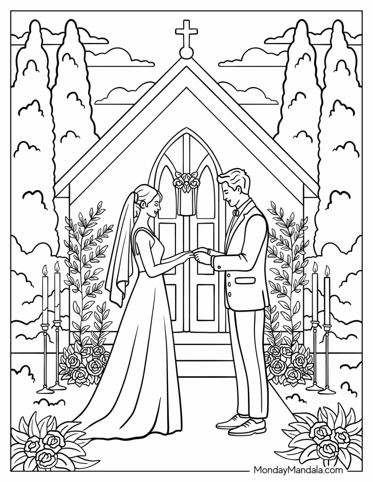 Bride and Groom Exchanging Vows at Church Wedding Coloring Page coloring page