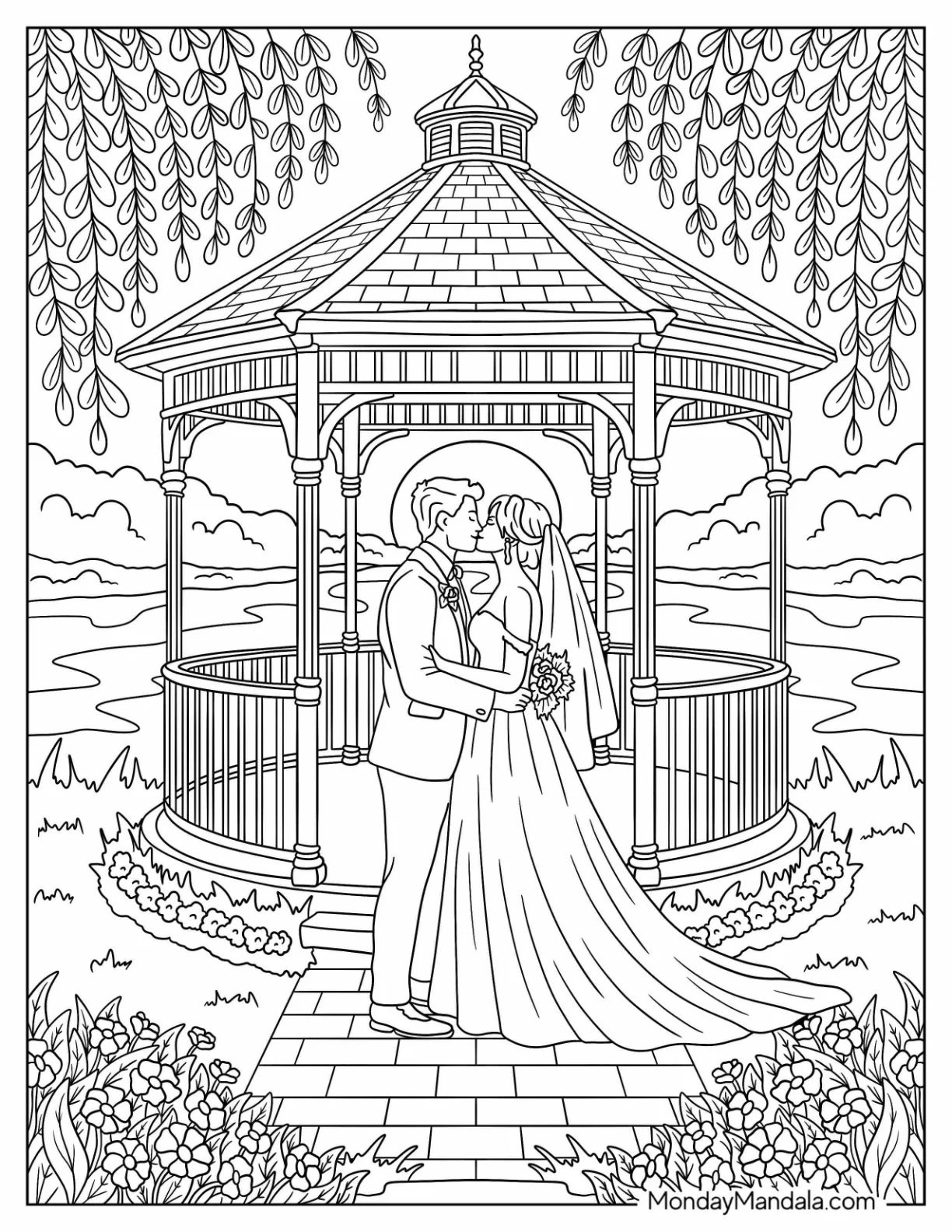 Bride and Groom Kissing Under a Gazebo On Wedding Coloring Page coloring page