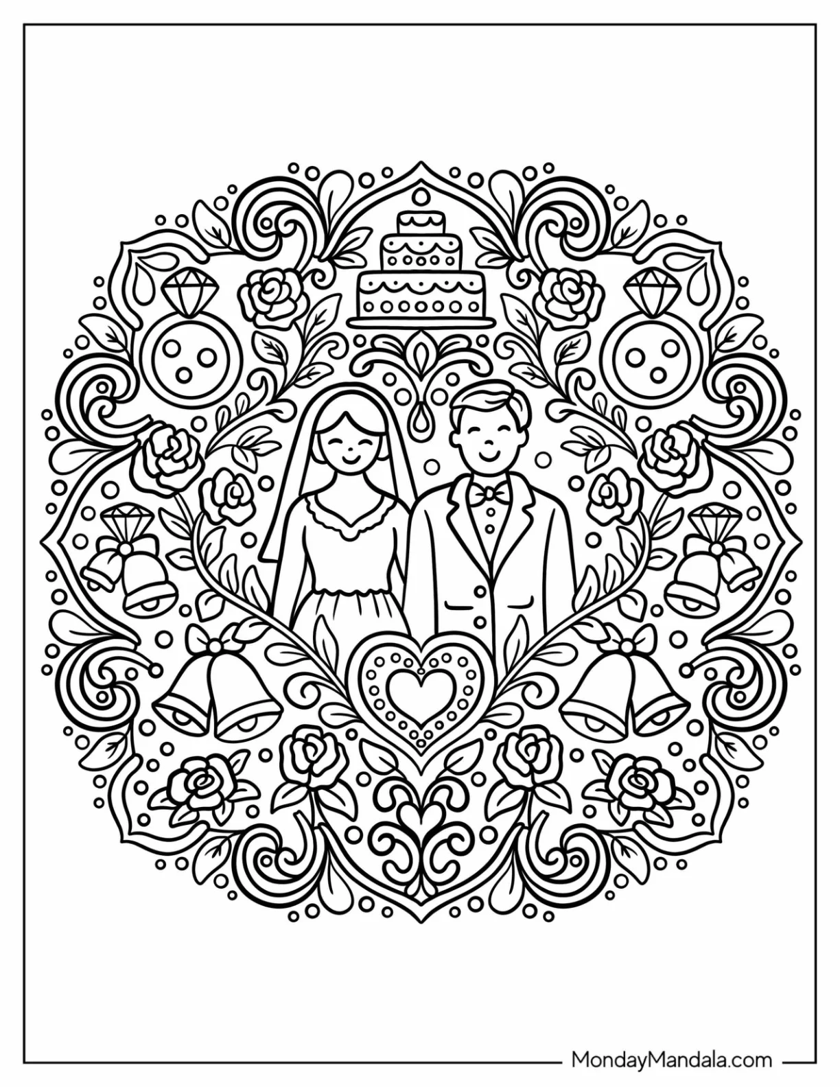 Bride and Groom Surrounded by Wedding Coloring Page Symbols Mandala coloring page