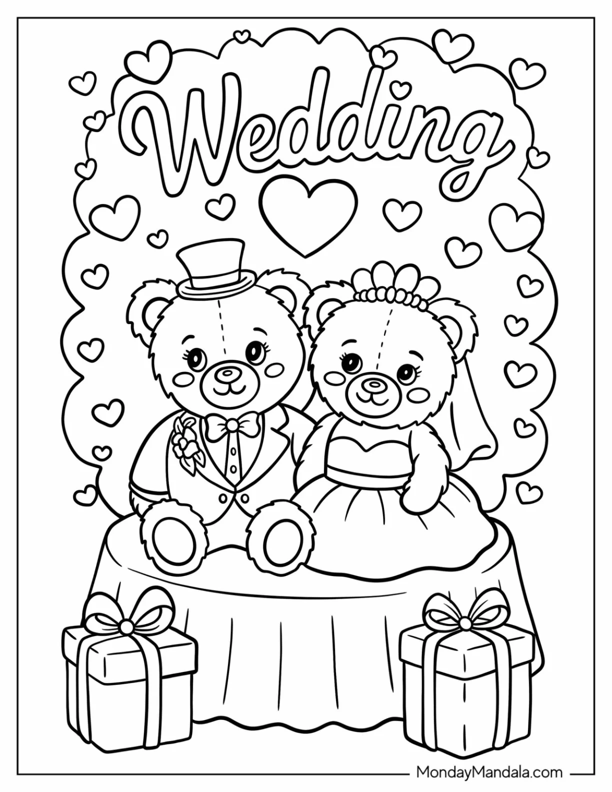 Bride and Groom Teddy Bears at Wedding Coloring Page For Kids coloring page — printable line art