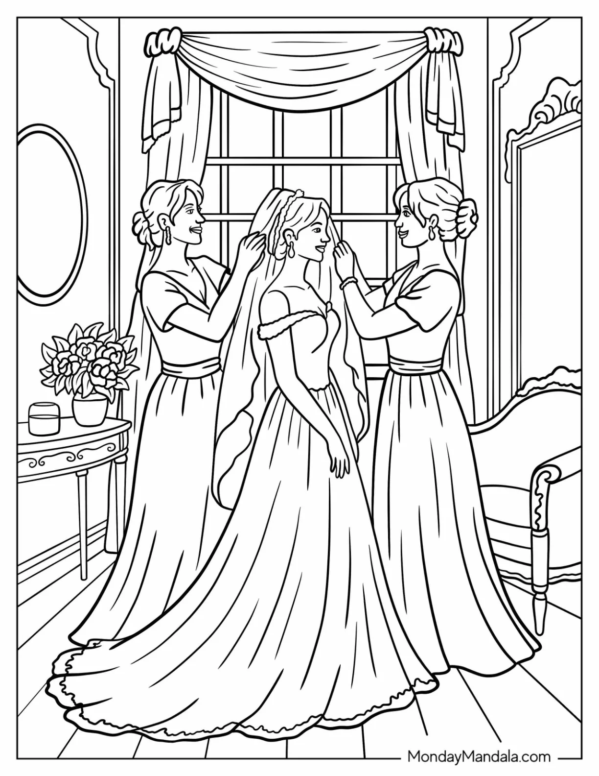 Bridesmaids Helping the Bride With Her Veil Before Wedding Coloring Page coloring page