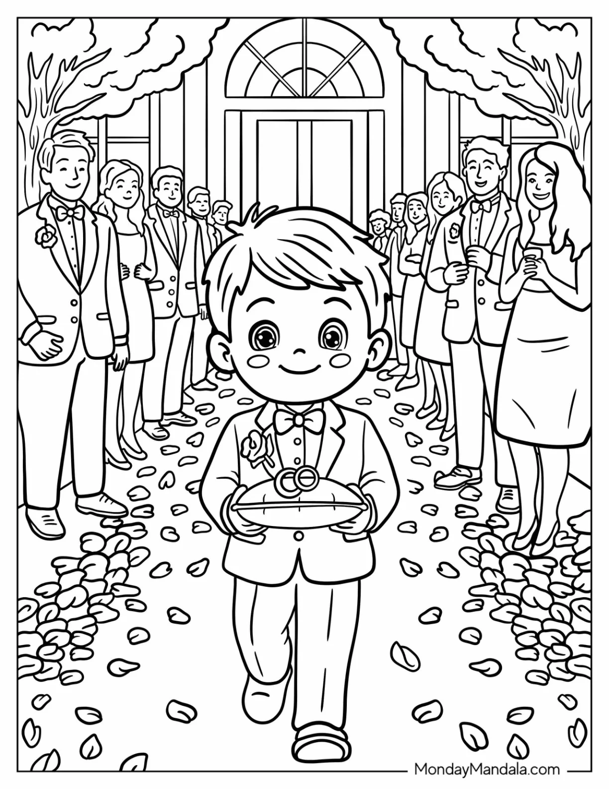 Cute Little Ring Bearer Walking Down the Aisle at Wedding Coloring Page For Kids coloring page