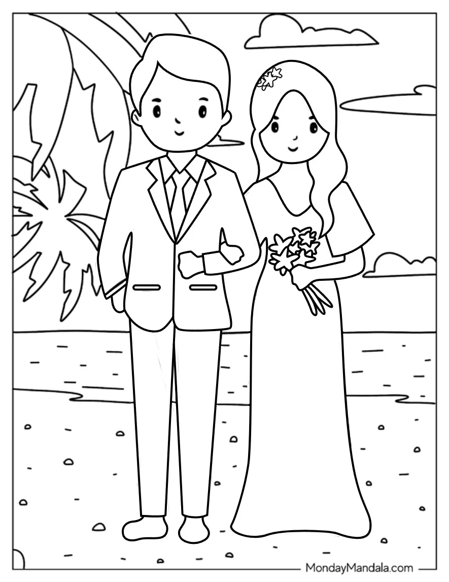 Easy Cartoon Groom And Bride Wedding Coloring Page coloring page