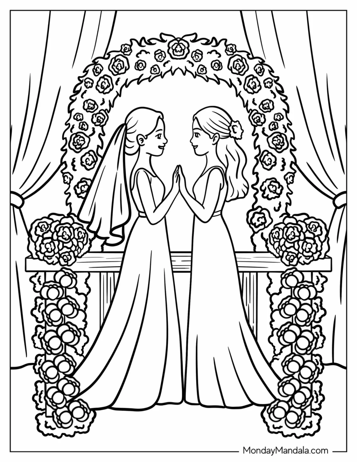 Elegant Brides Holding Hands Under a Floral Wedding Arch Coloring Page coloring page — printable line art