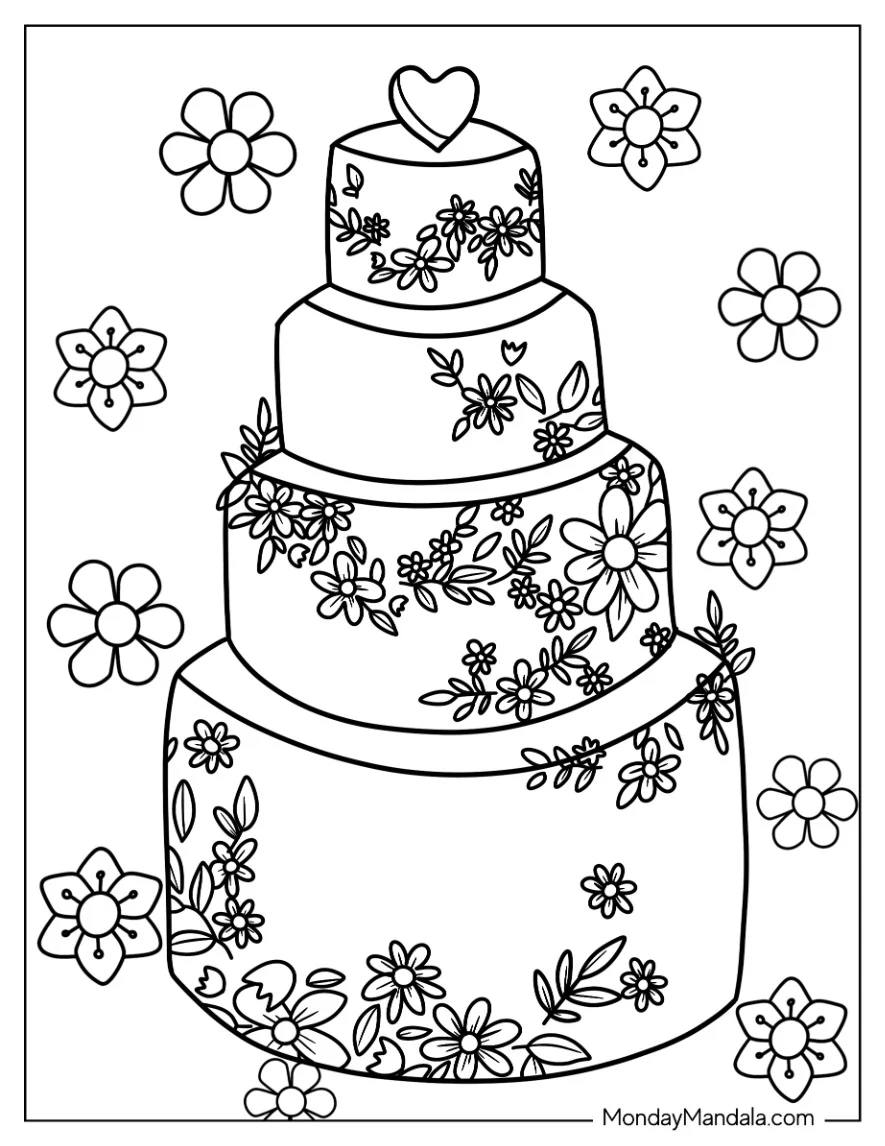 Floral Tiered Cake Coloring Page coloring page — printable line art