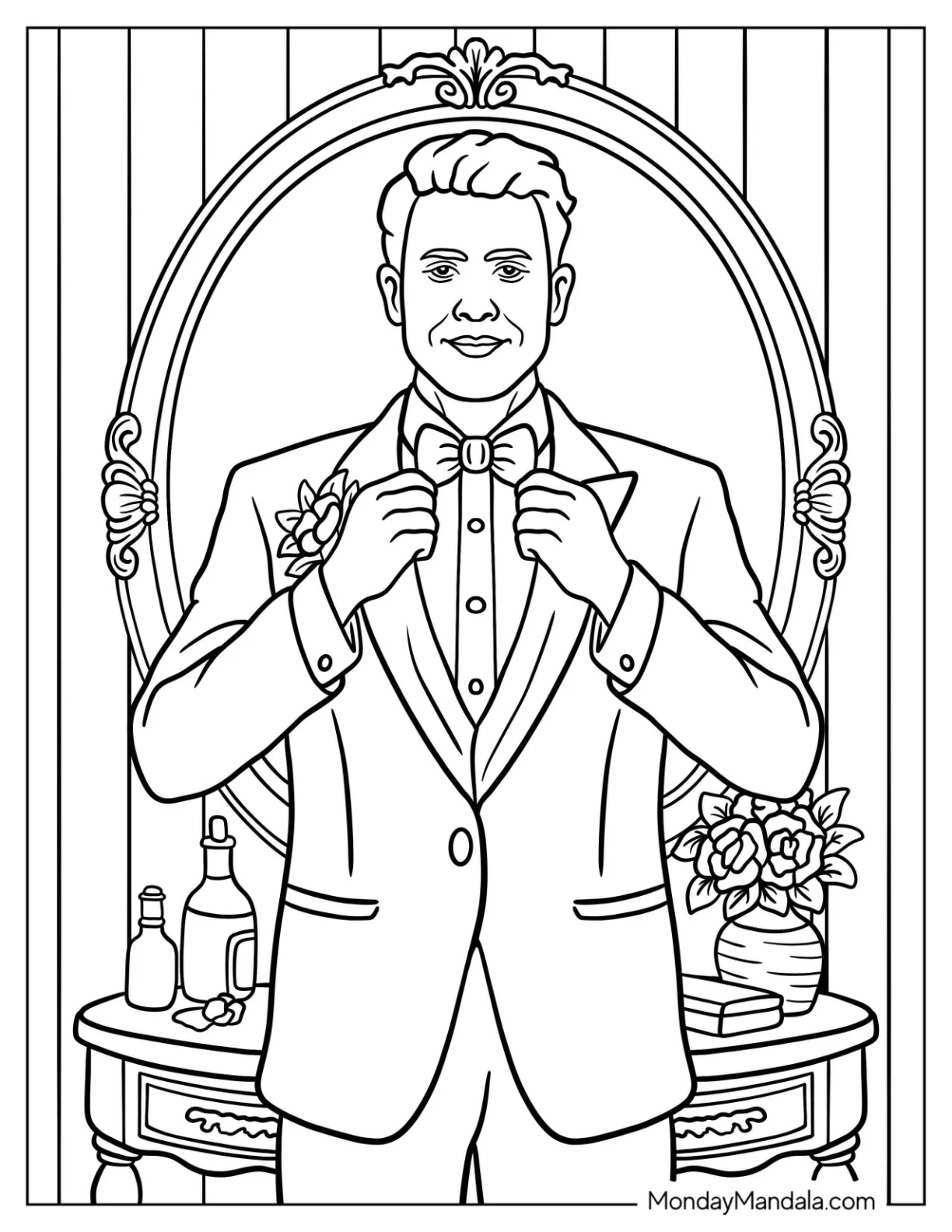 Groom Adjusting Bow Tie Before Wedding Coloring Page coloring page — printable line art