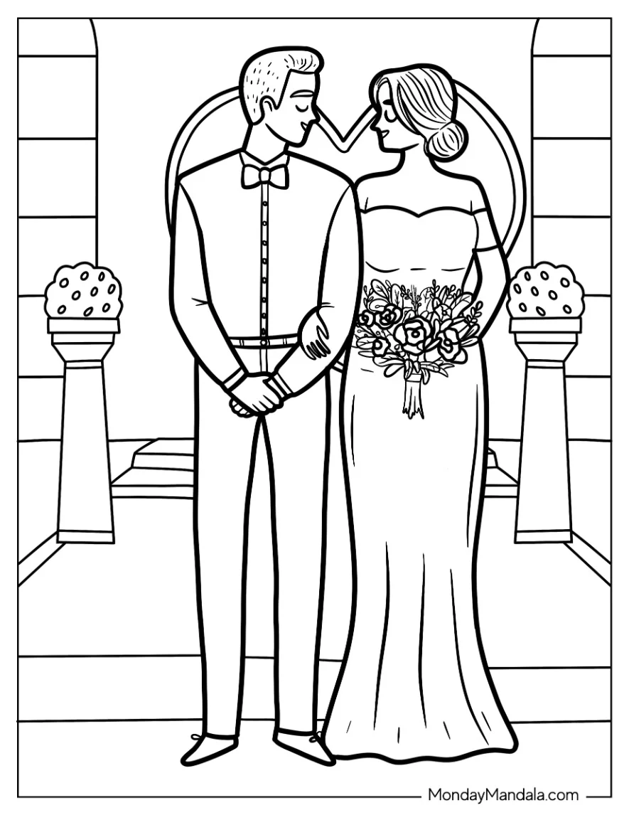 Groom And Bride At The Altar Wedding Coloring Page coloring page