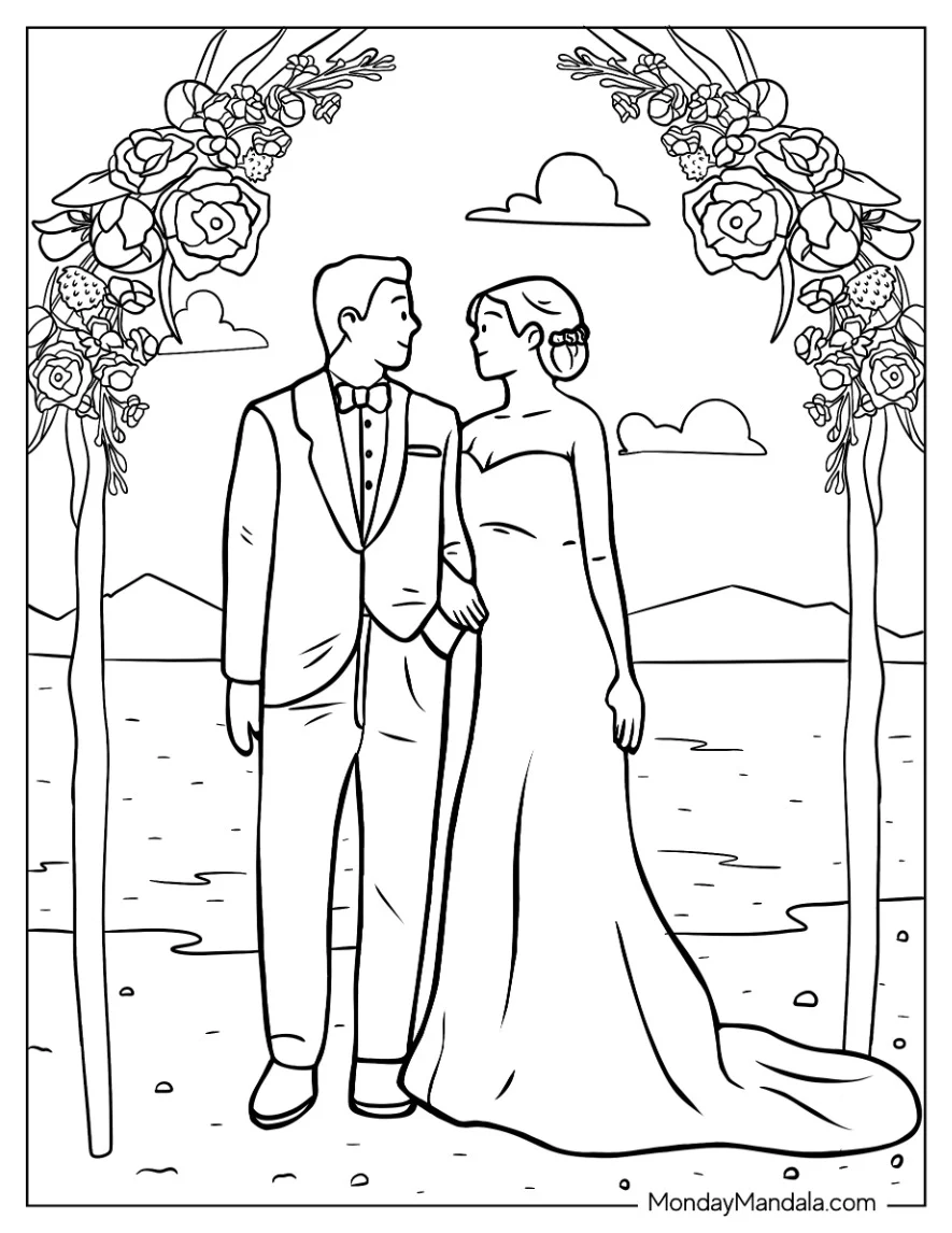 Groom And Bride In Beach Wedding Coloring Page coloring page — printable line art
