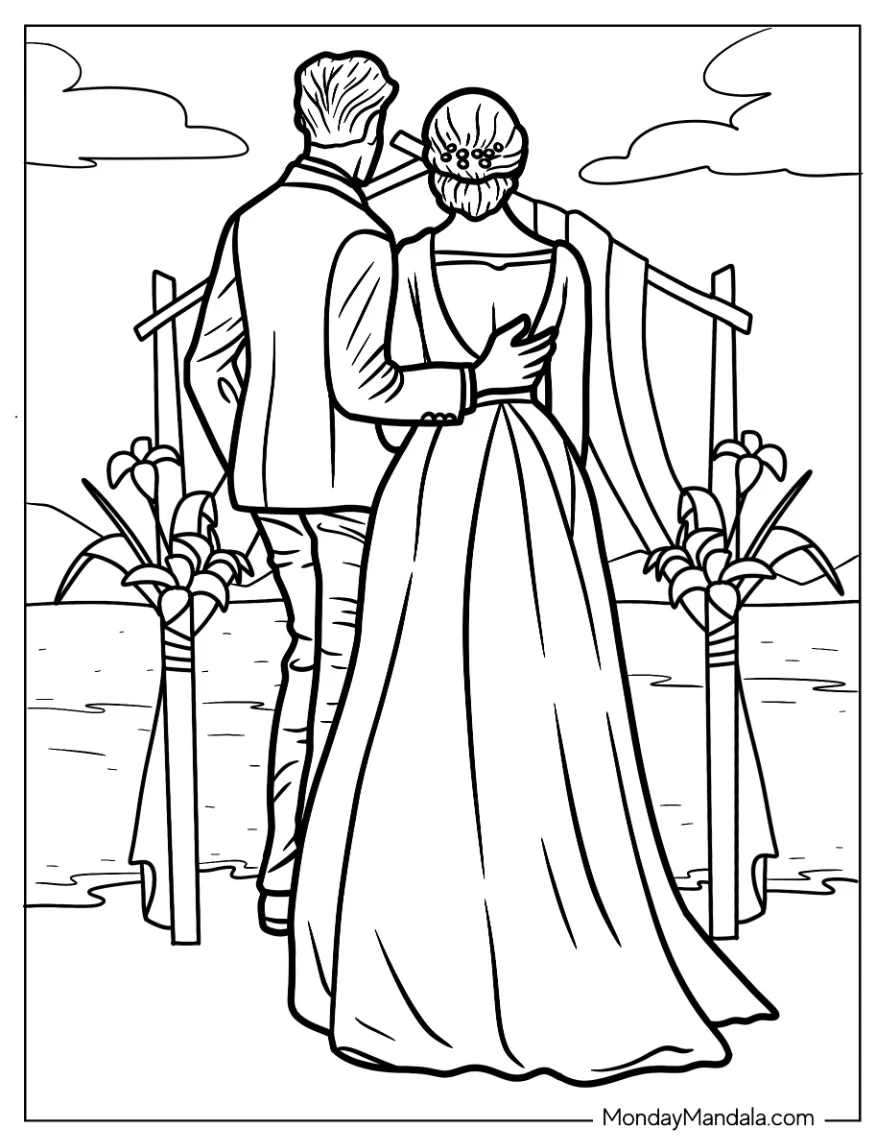 Groom And Bride Looking At The Sea Beach Wedding Coloring Page coloring page — printable line art