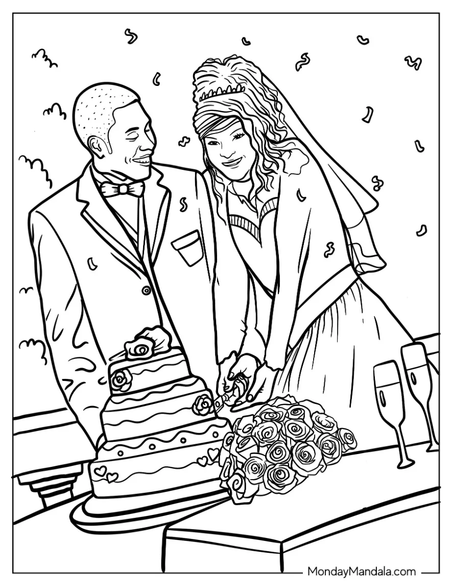 Groom And Bride Slicing Cake Wedding Coloring Page coloring page — printable line art