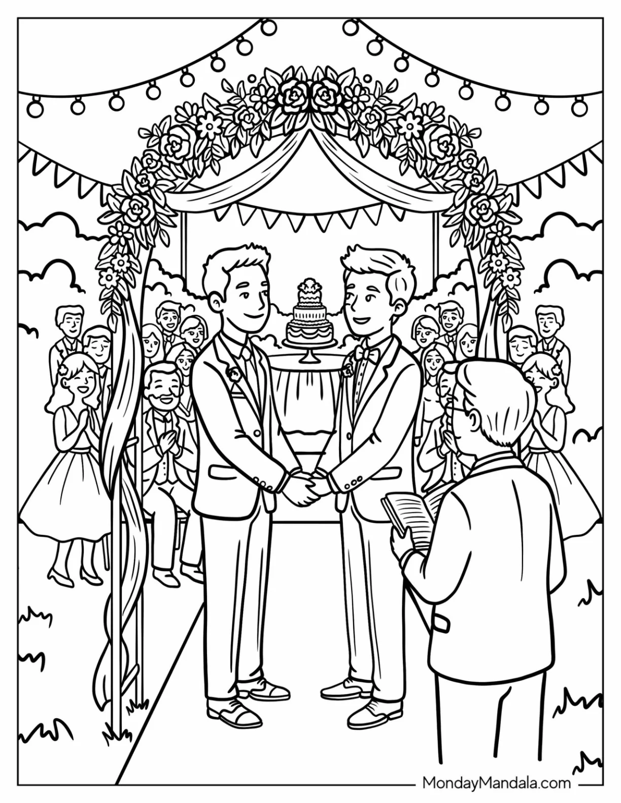 Grooms Exchanging Vows in Outdoor Wedding Coloring Page coloring page