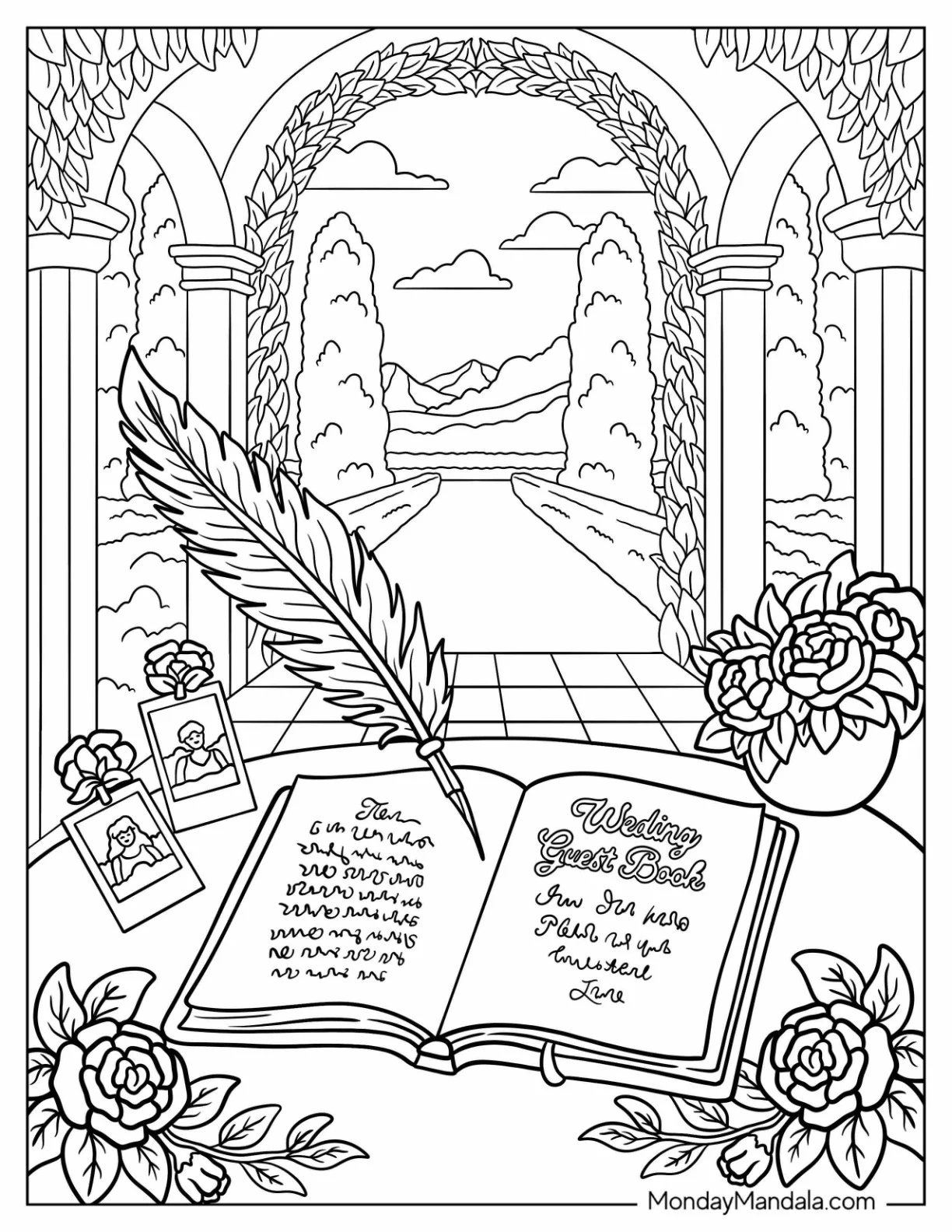 Guest Book Signing Scene at Outdoor Wedding Coloring Page coloring page