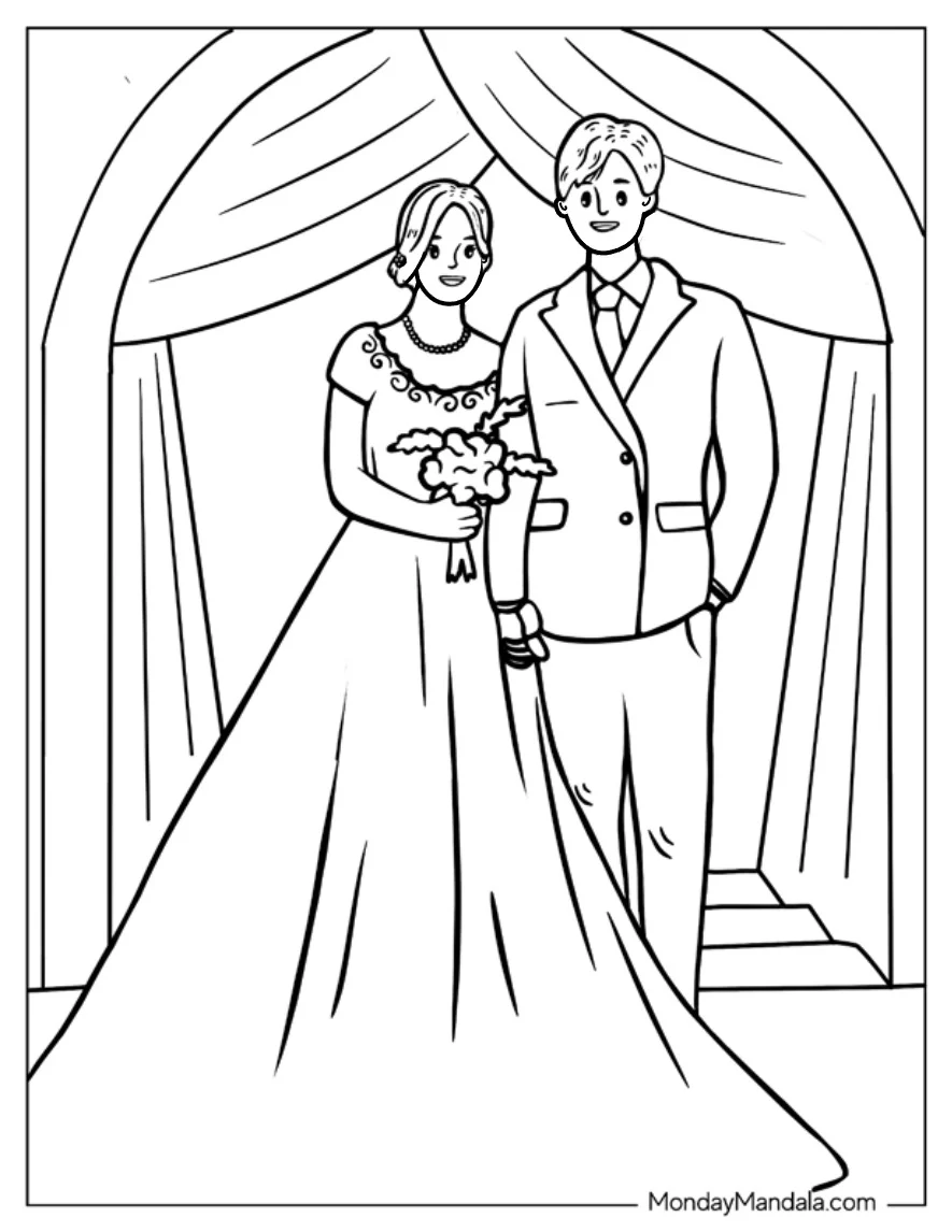 Happy Groom And Bride On Wedding Coloring Page coloring page