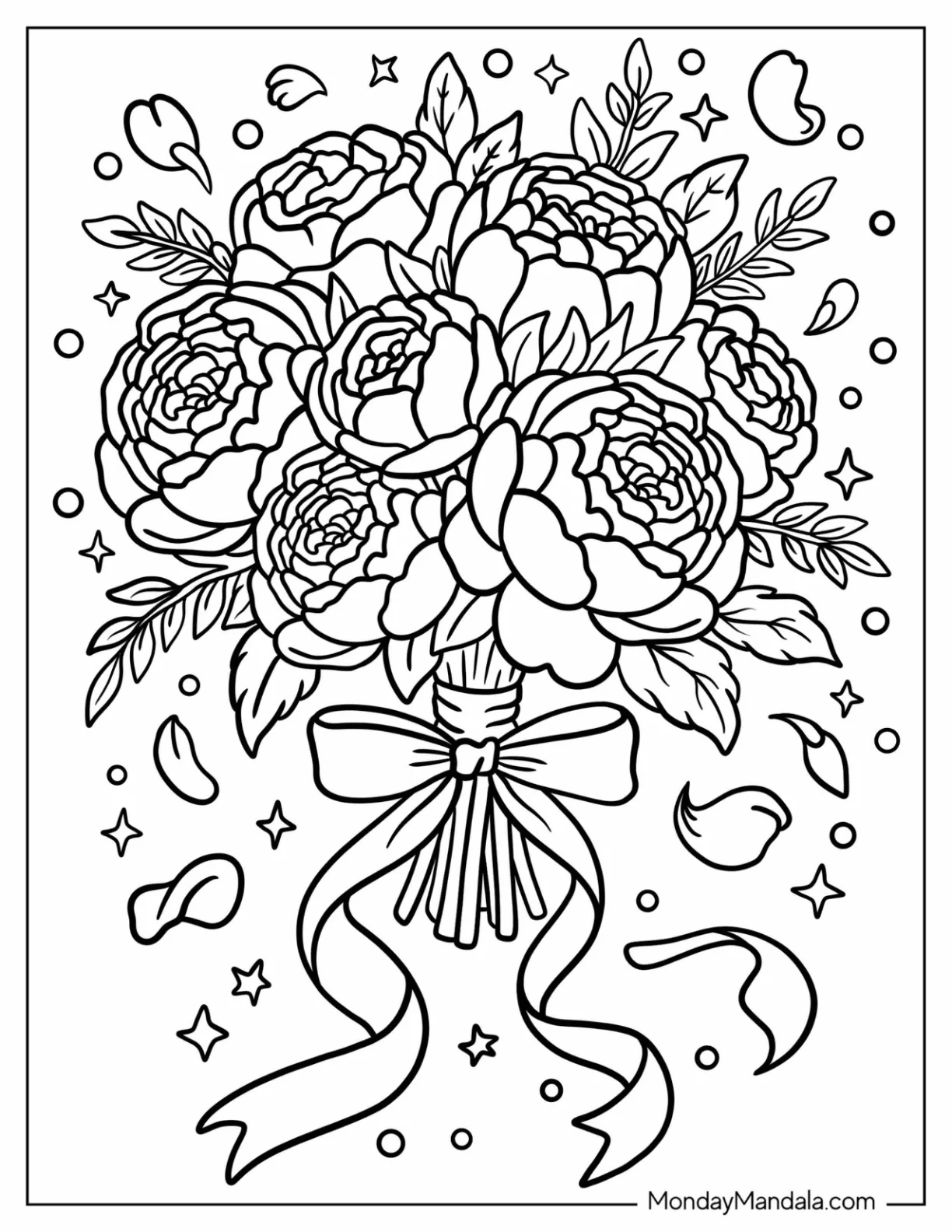 Peony and Rose Wedding Coloring Page of Bouquet With Bow coloring page