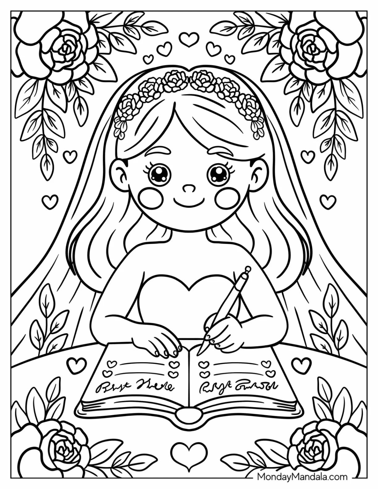 Pretty Bride Signing Guestbook Wedding Coloring Page For Kids coloring page