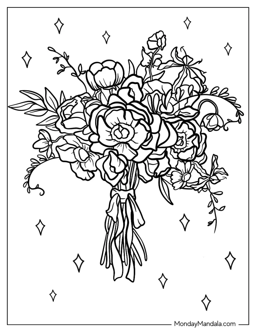 Realistic Bouquet Wedding Coloring Page coloring page — printable line art