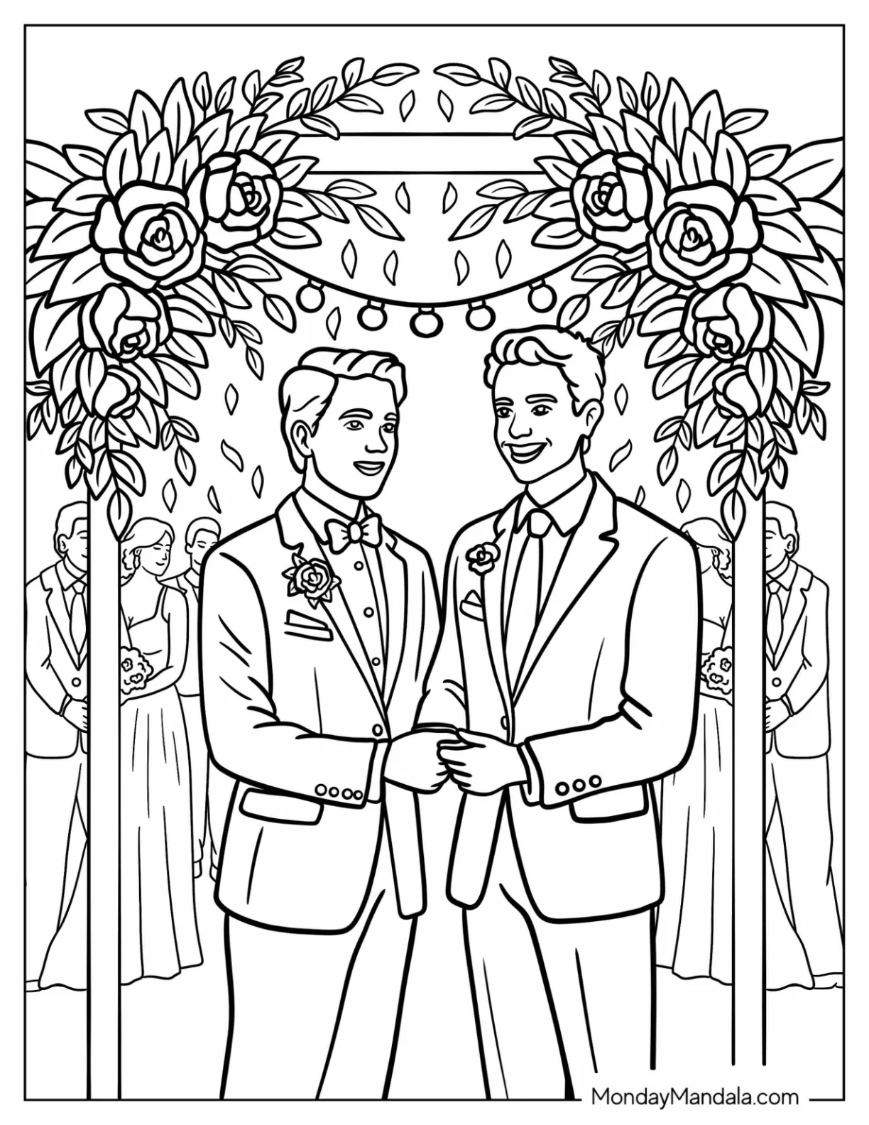 Smiling Couple Holding Hands During Wedding Ceremony coloring page
