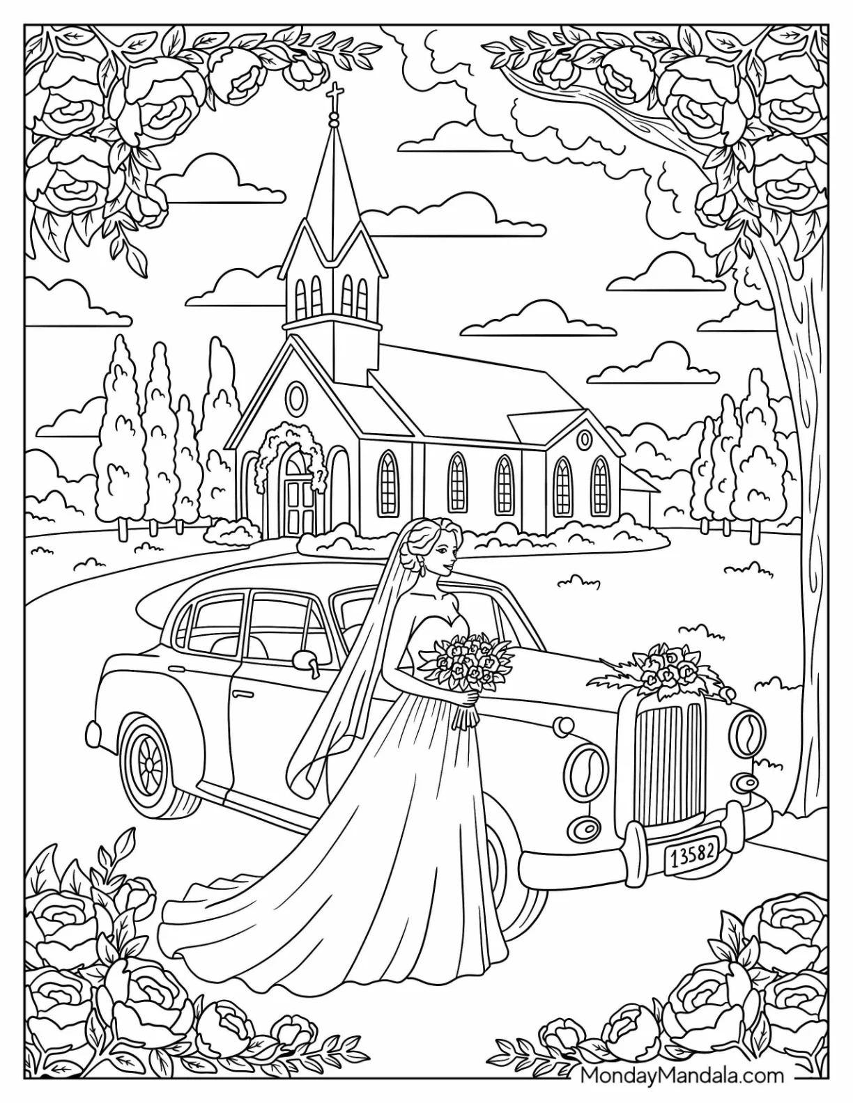 Wedding Coloring Page of Bride Holding Bouquet Beside Vintage Car in Front of Church coloring page