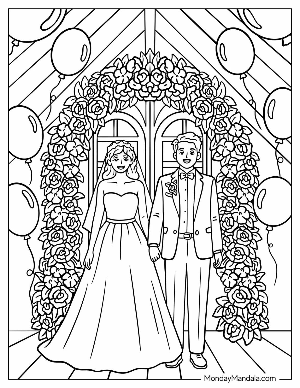Wedding Coloring Page of Ceremony With Bride and Groom Under a Floral Arch for Kids coloring page