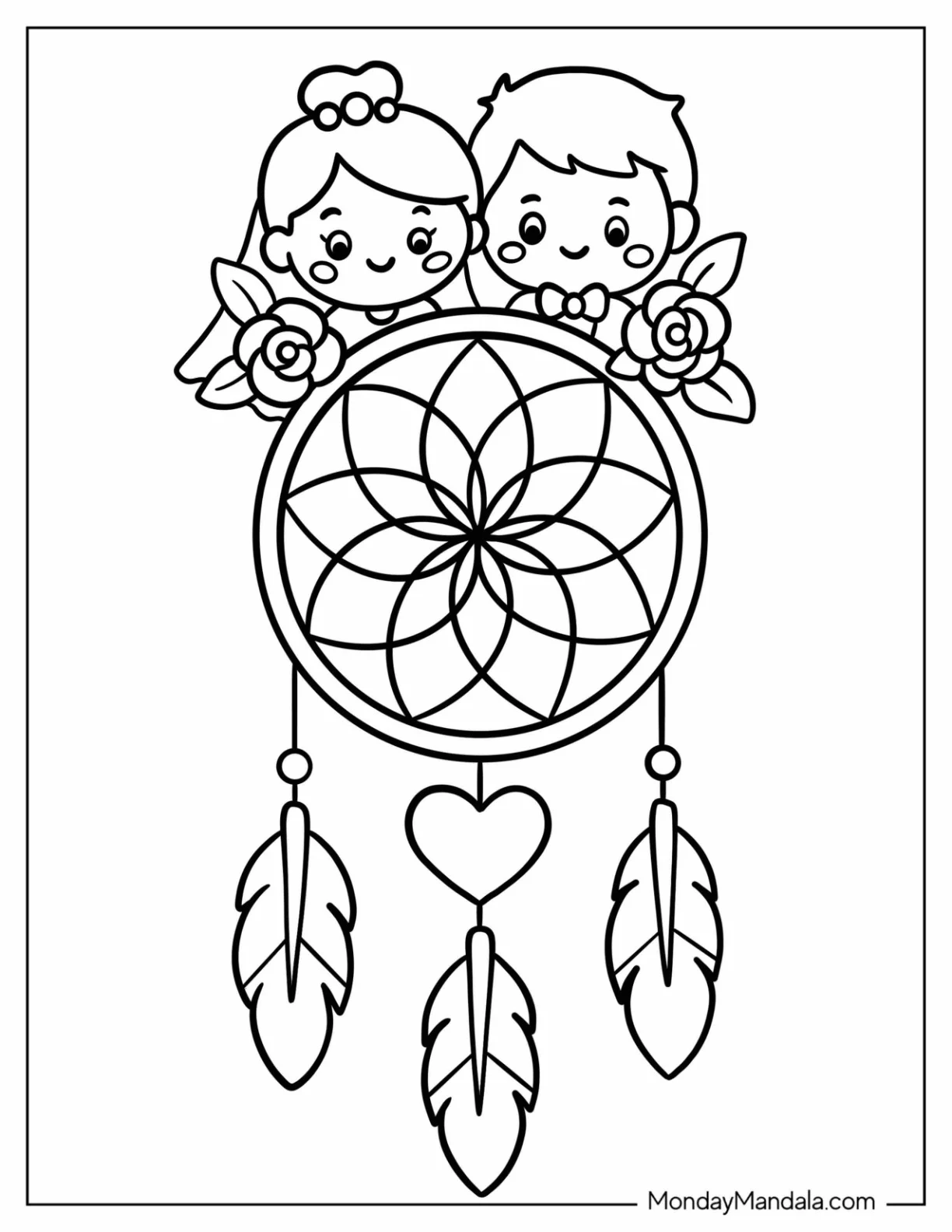 Wedding Coloring Page of Floral Dreamcatcher With Chibi Bride and Groom For Kids coloring page