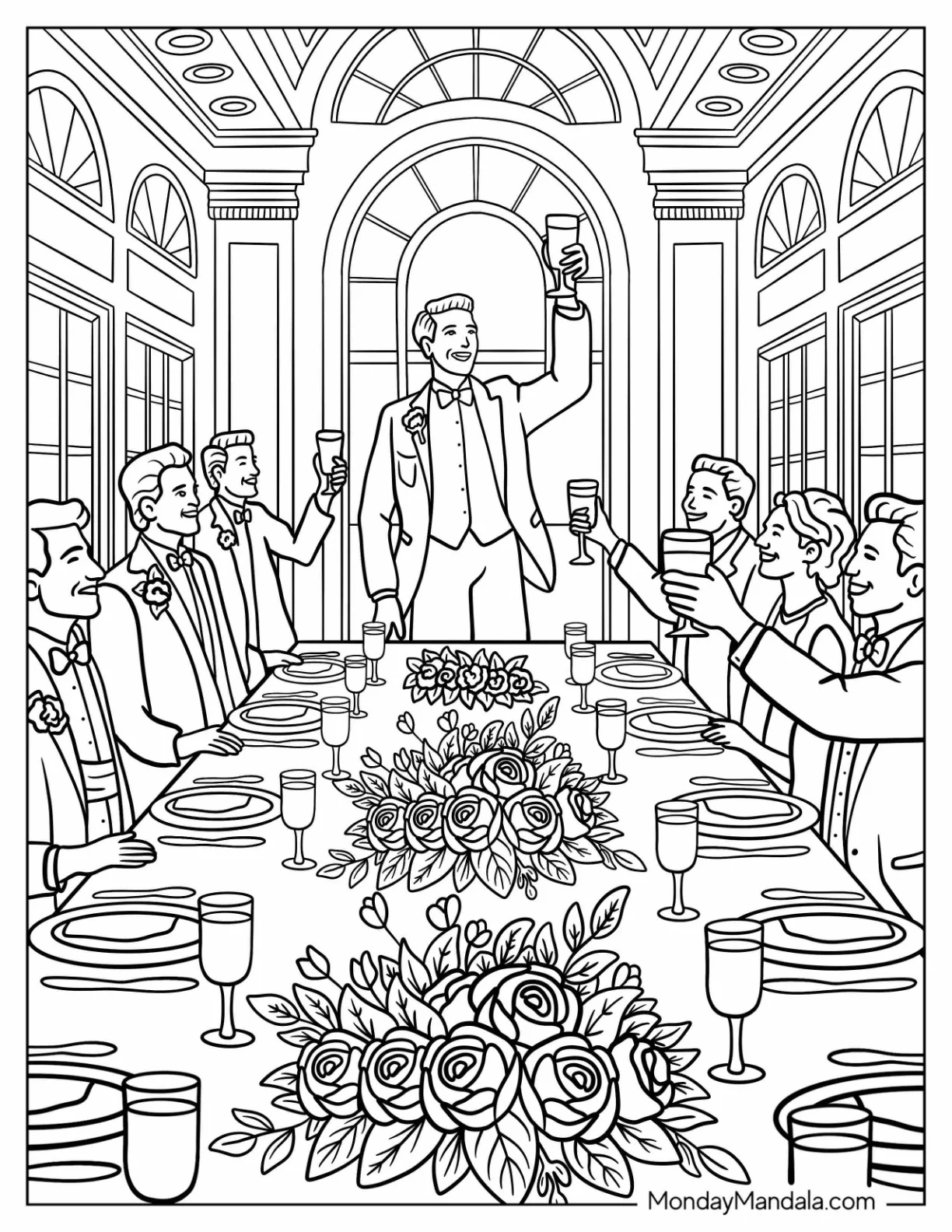 Wedding Coloring Page of Groom Giving Toast at Elegant Reception Table coloring page