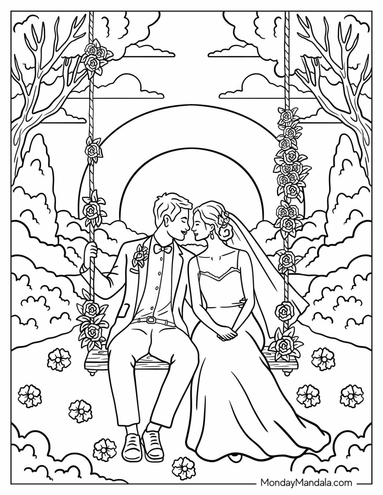 Wedding Coloring Page of Newlyweds Sitting on a Floral Swing at Sunset coloring page