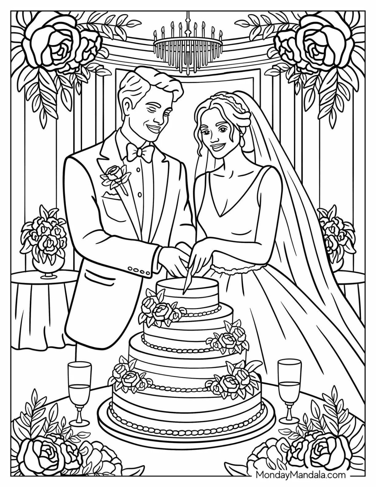 Wedding Coloring Page of Realistic Bride and Groom Cutting Their Cake coloring page
